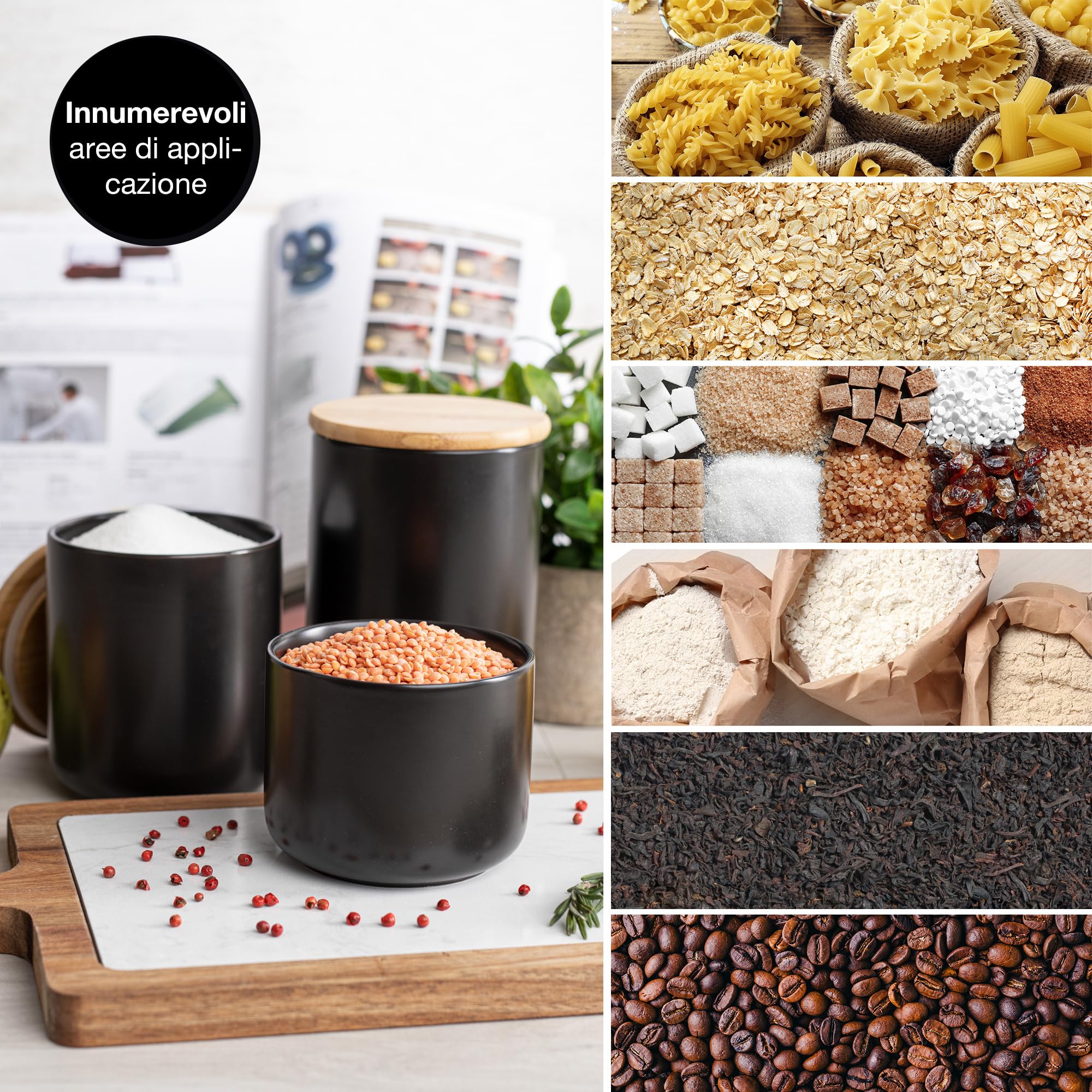 Moritz & Moritz barattoli cucina nero 400-900 ml - Scrivibile - 3x Barattolo ceramica con coperchio in bambù - Barattolo con coperchio per farina, caffè, muesli o utensili da bagno