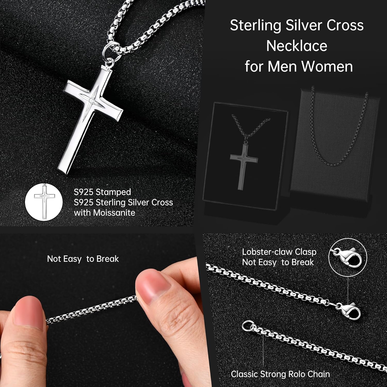 925 Sterling Silver Cross Necklace for Men Women Durable Stainless Steel Rolo Cross Chain 18K White Gold Plated Beveled Edge Black Gothic Rivets Textured Moissanite Crucifix Pendant Necklace 24” - Image 5