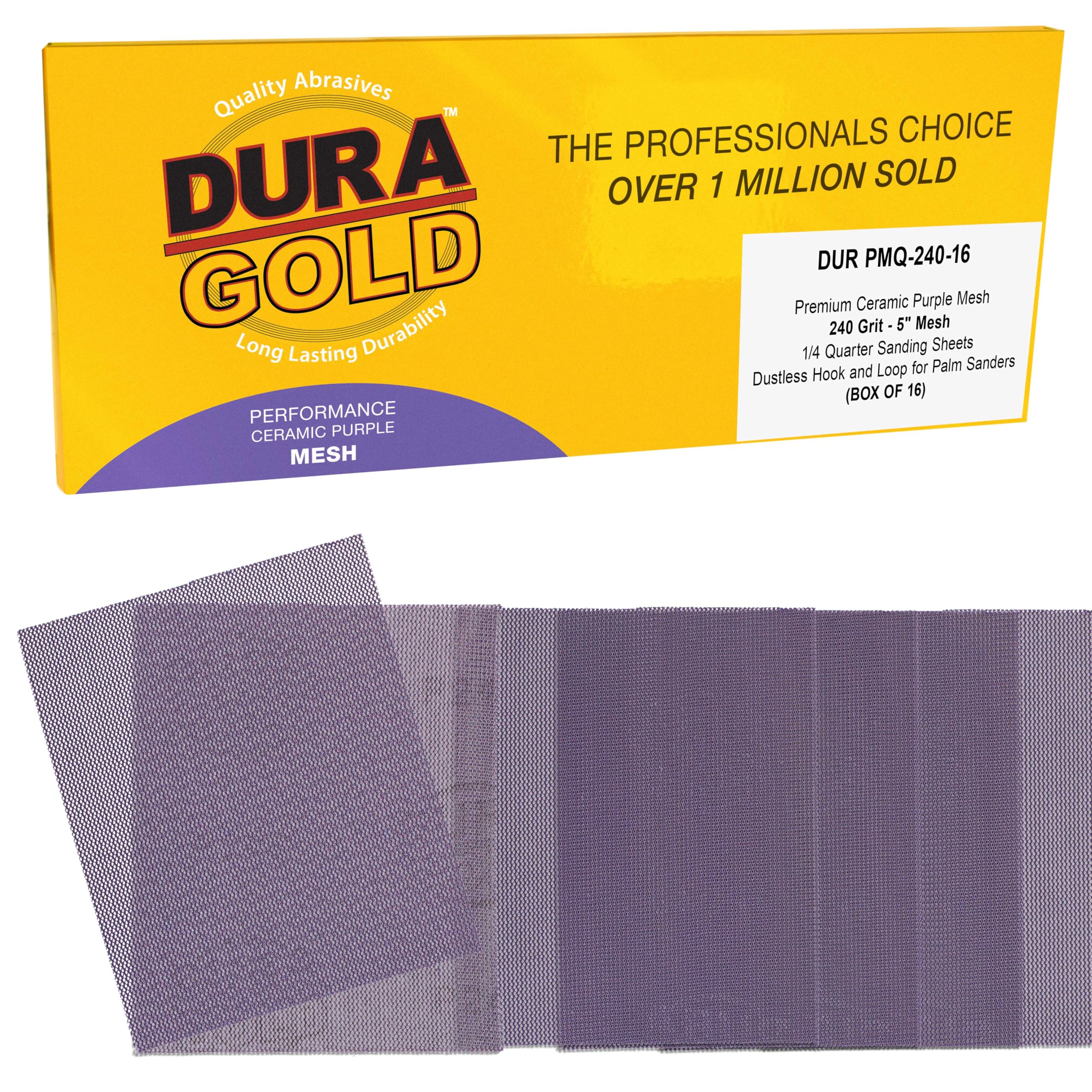 Dura-Gold Premium 240 Grit 1/4 Sheet Size Purple Ceramic Mesh Sandpaper, Box of 16-4.5" x 5.5" Dustless Hook & Loop Backing, Palm Sanders, Sanding