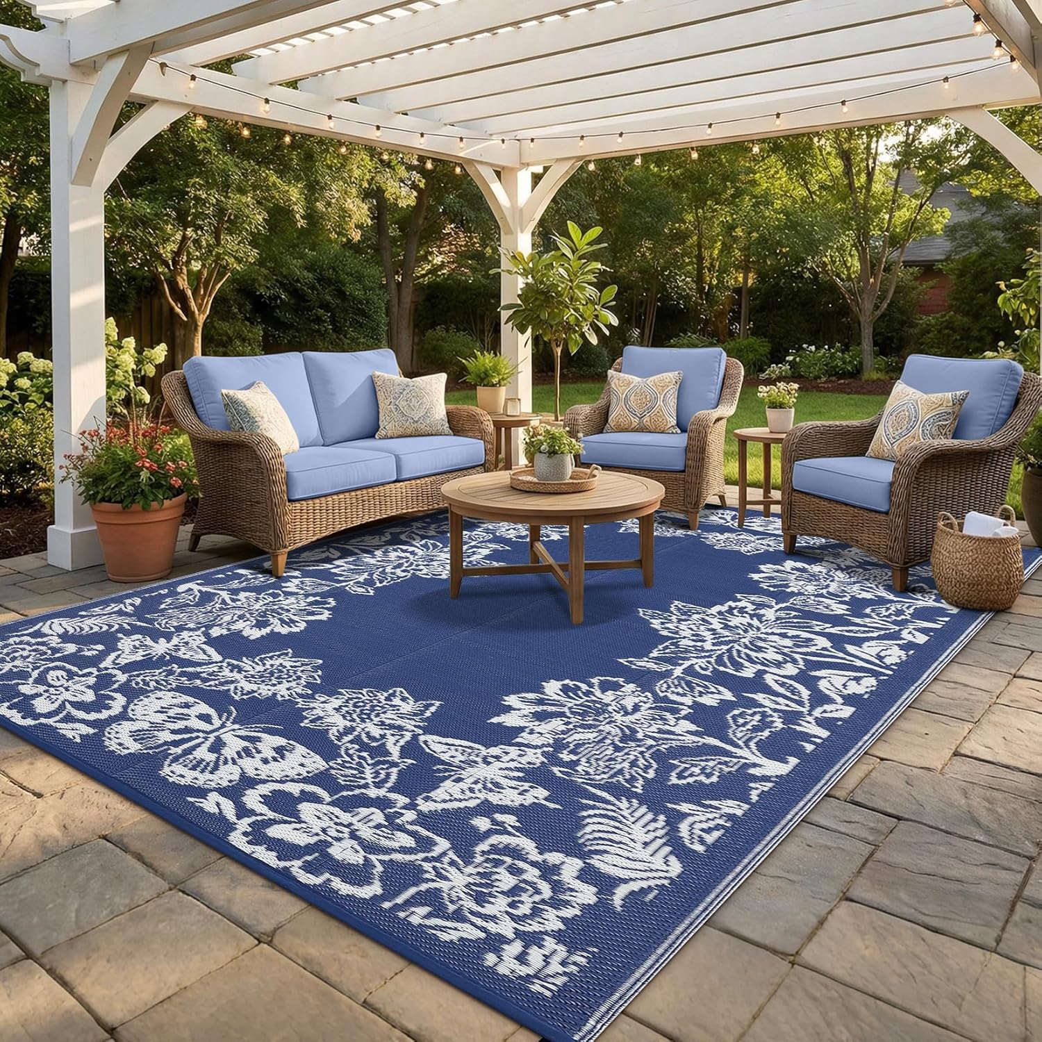 GarveeHome Outdoor Rug 8x10 Patio Waterproof, Reversible Plastic Straw Rugs for Camping, Picnic, Balcony, Porch, RV, Easy-Clean & Quick Dry Floral Pattern Large Indoor Outdoor Carpet, Dark Blue
