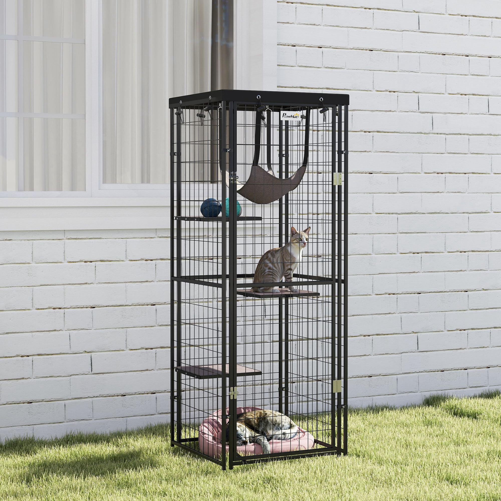 PawHut Jaula para Gatos para Exterior e Interior Recinto para Gatos con Cubierta Impermeable 3 Plataformas Hamaca Cojines y Puerta 61,5x55x157 cm Negro