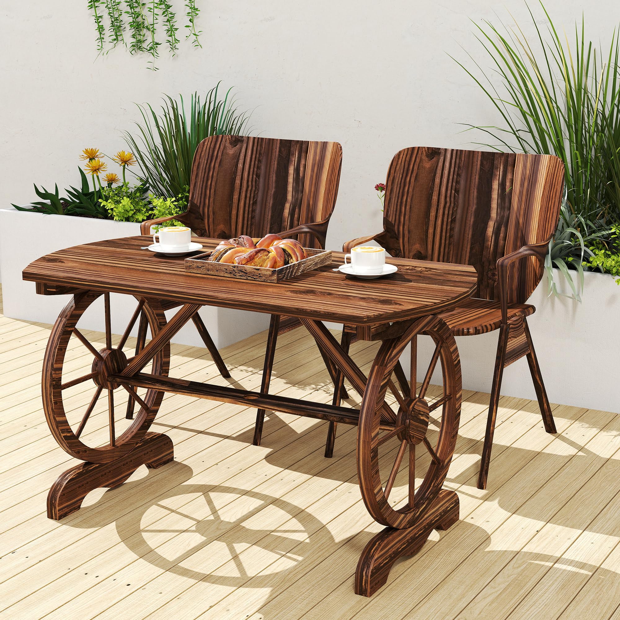 Outsunny Mesa de Jardín de Madera Mesa de Terraza Exterior 120x63x70 cm con Patas en Forma de Rueda Orificio para Sombrilla y Diseño de Listones Carga 50 kg para Patio Madera Carbonizada