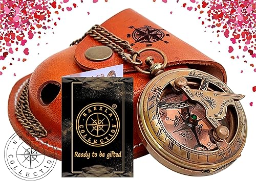 Miniatura 9 de Hanzla Collection Reloj de sol hecho a mano con botón de dirección con cadena y madera, caja de latón brújula de bolsillo, reloj de sol, regalo de