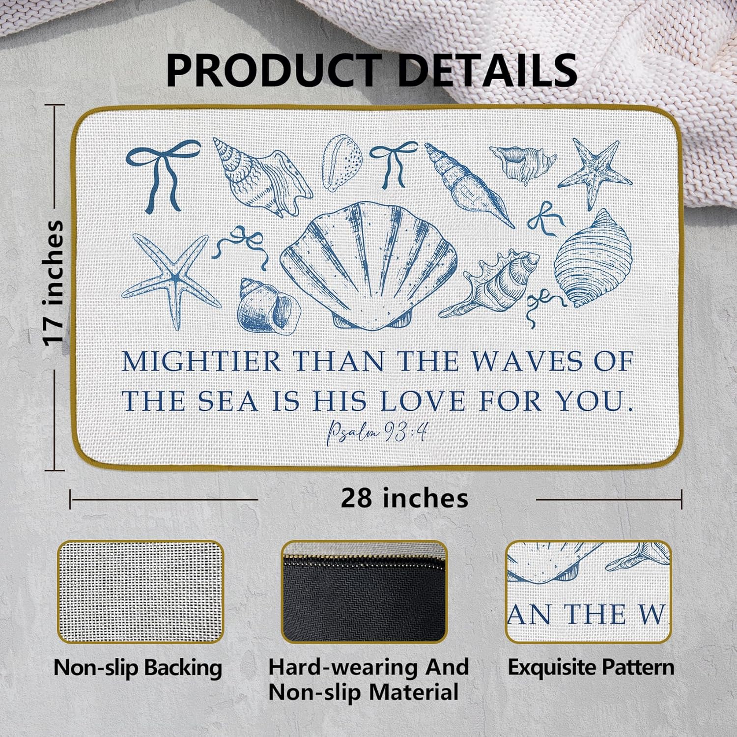 Christian Preppy Beach Decorative Doormat, Coquette Blue Bow Seashell Bible Verse Floor Mat, Bible Verse Beach Welcome Doormat for Home Indoor Outdoor Front Door Porch Entrance (17 x 30 Inch)