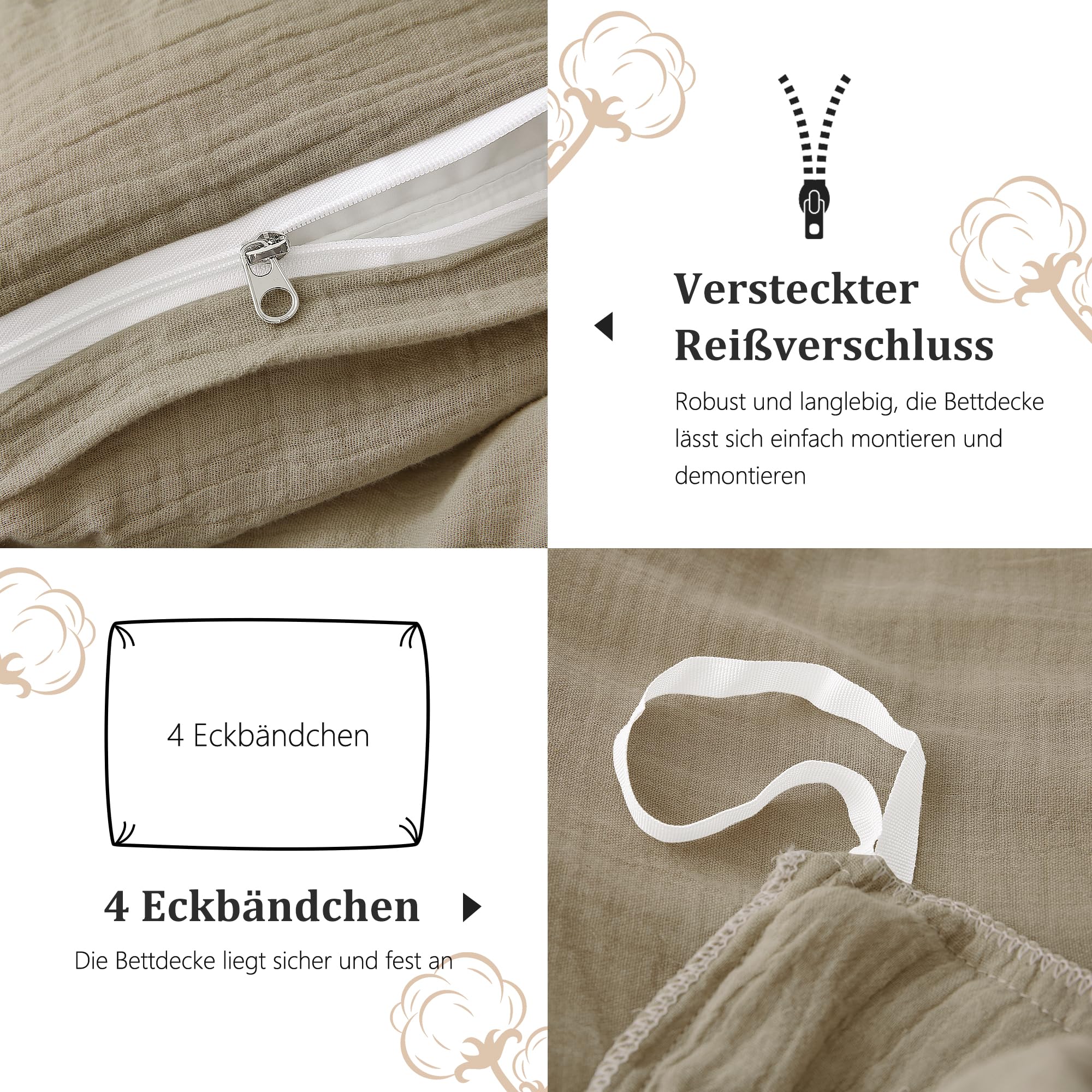 TOCOMOA Musselin Bettwäsche 155x220 Baumwolle 3teilig, Beige Leinenartiger Bettwäsche-Sets mit 1 Kissenbezug 80x80 cm und Kissenbezüge 40x80 cm, Oeko-TEX Bettbezug mit Reißverschluss