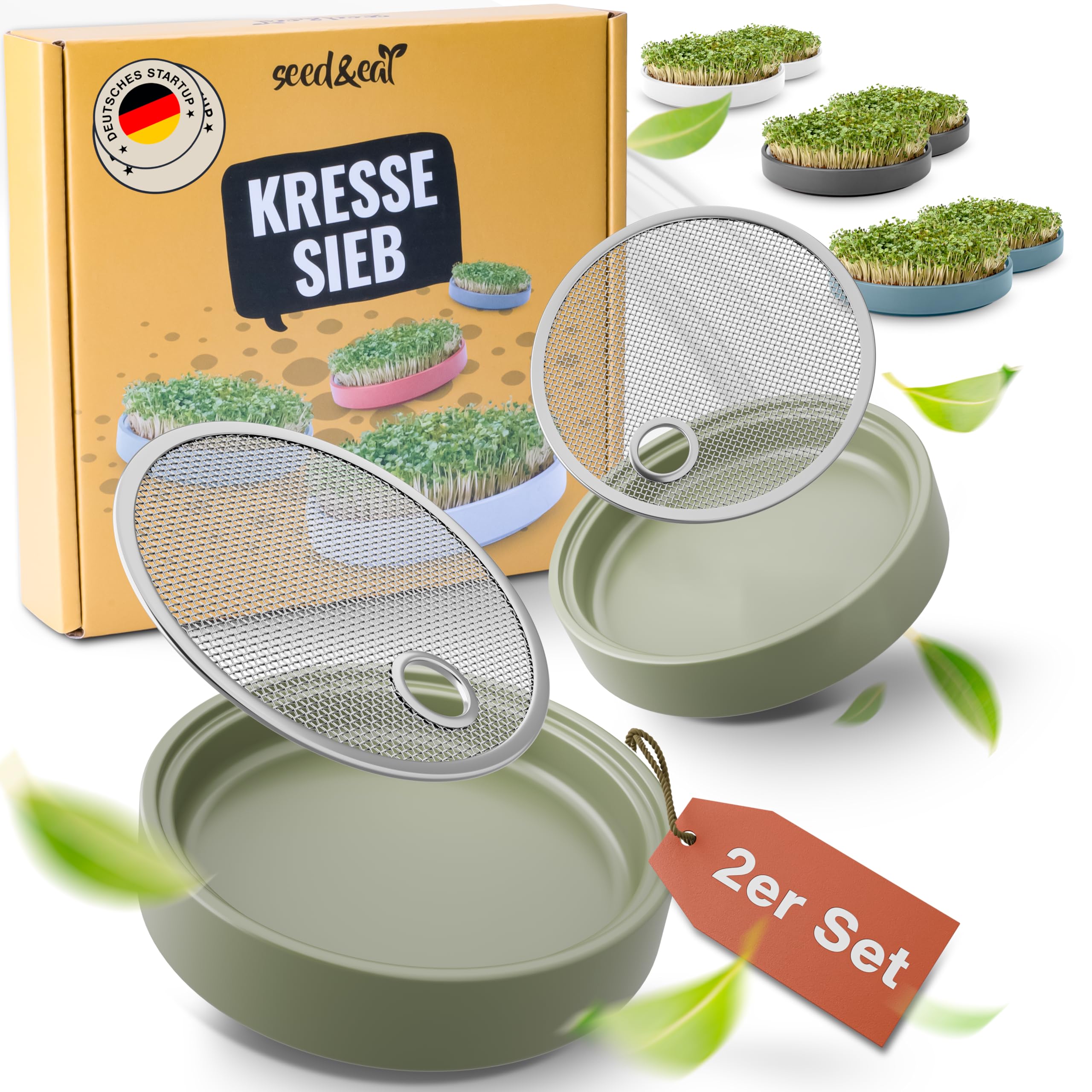 seed&eat Kressesieb (13cm) - 2er Set, Anzuchtschale für Kresse & Microgreens, mit Sprossenheft [E-Book], Keramikschale + Edelstahlsieb