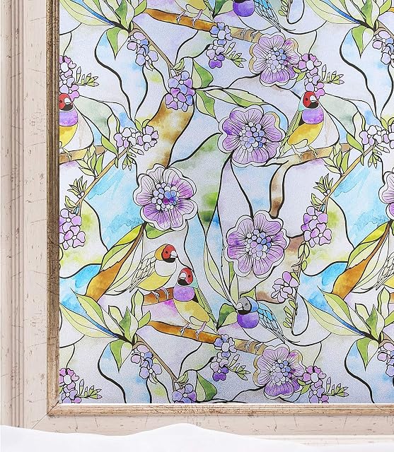CottonColors Window Film Privacy Stained Glass Window Static Clings Vinyl Non-Adhesive Flower Parrot Decorative Window Coverings for Home Bathroom,90x200CM