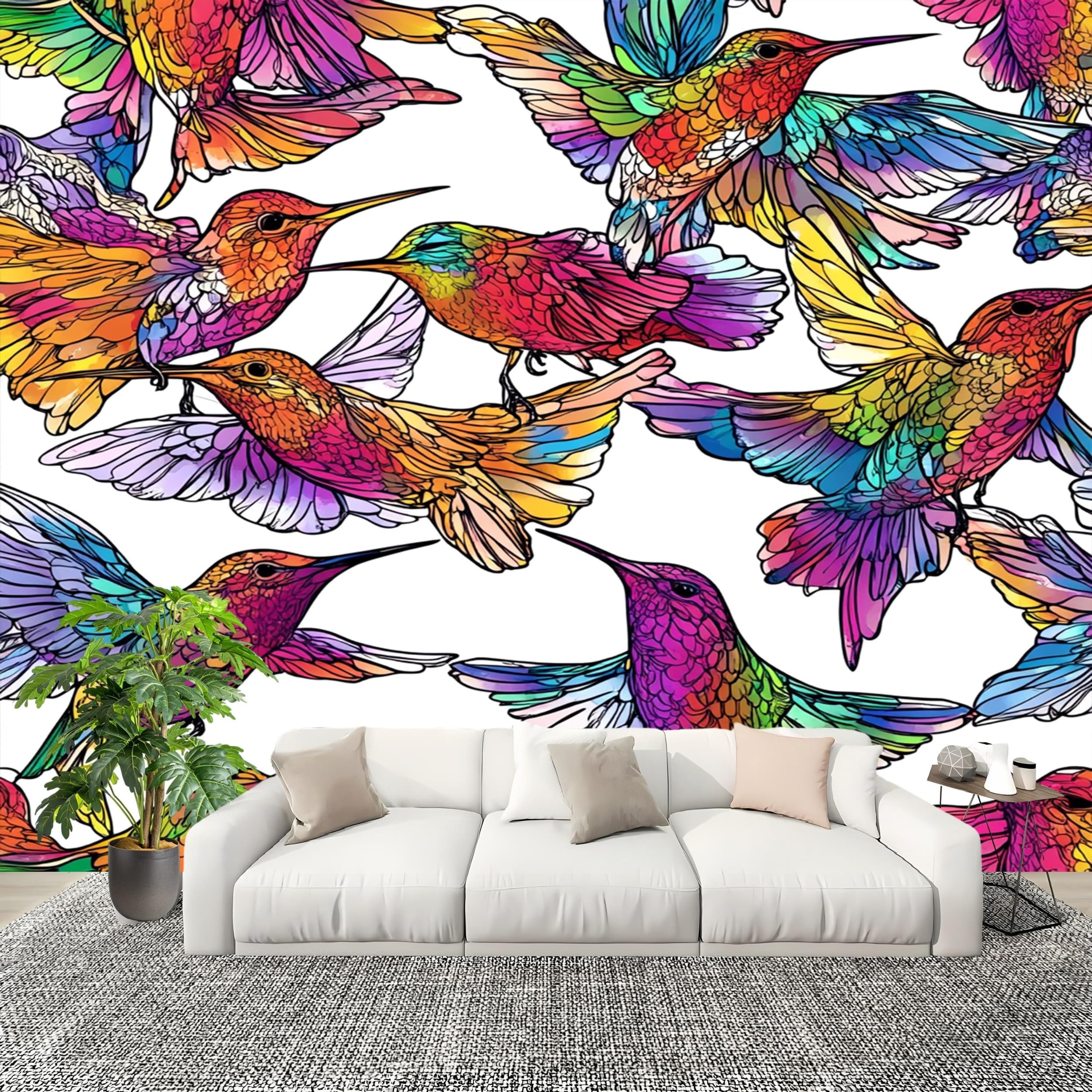 Papier peint intissé colibri 300x210cm panoramique moderne abstrait coloré pour decoration murale salon