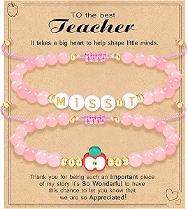 Teacher Appreciation Bracelet Gifts for Women Initial Beaded Bracelets Back to School Thank You Teacher Gifts 2pcs Link Bracelet New Teacher Graduation Gift Birthday Retirement Teachers' Day Jewelry