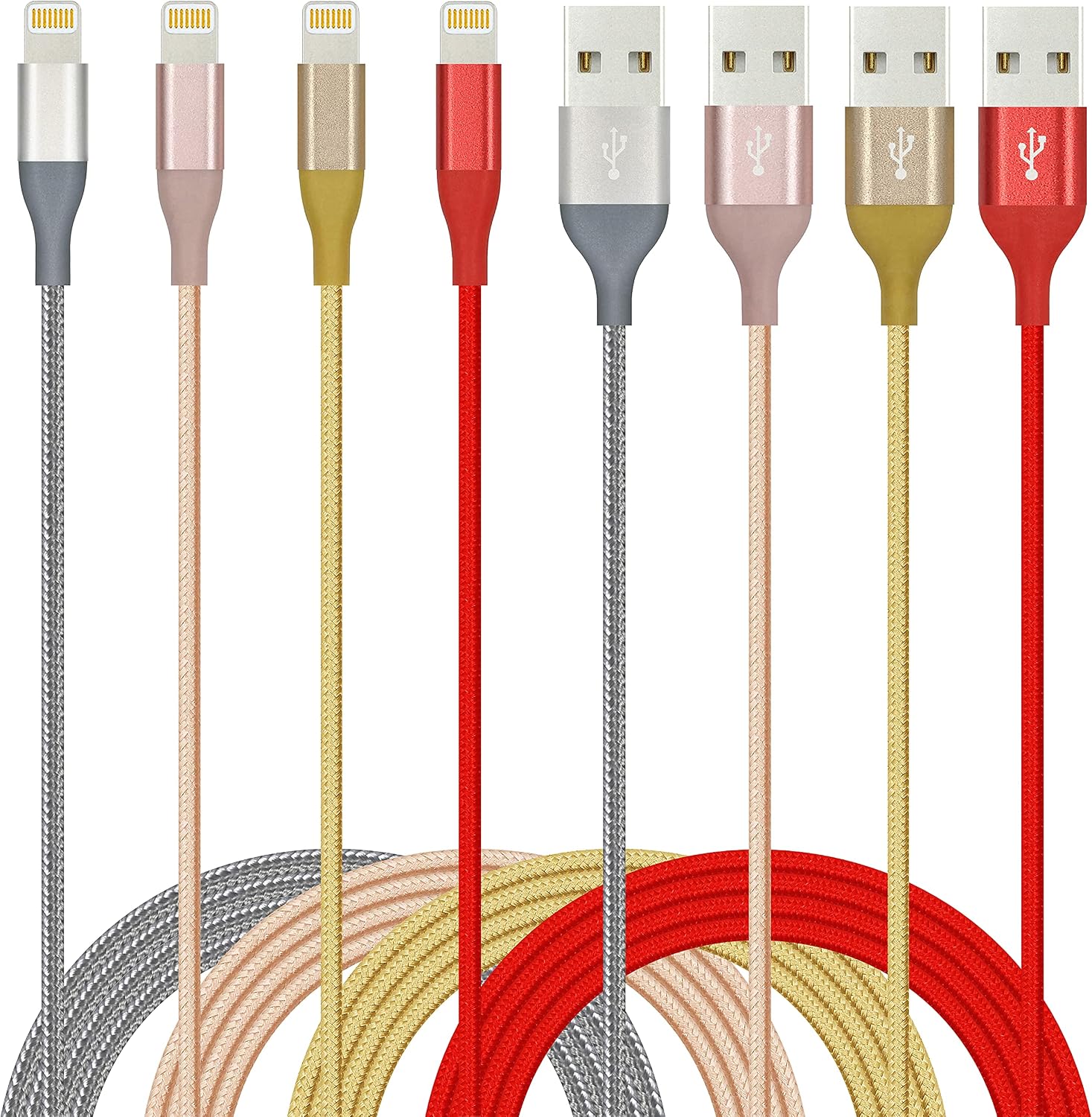 IDiSON 4Pack 4Color 4ft for MFi Certified iPhone Charger Lightning Cable Braided Nylon Fast Charger Cable Compatible iPhone 11 Pro X XR XS MAX 8 Plus 7 6s 5s 5c Air iPad Mini iPod (Gold Gary Red Pink)