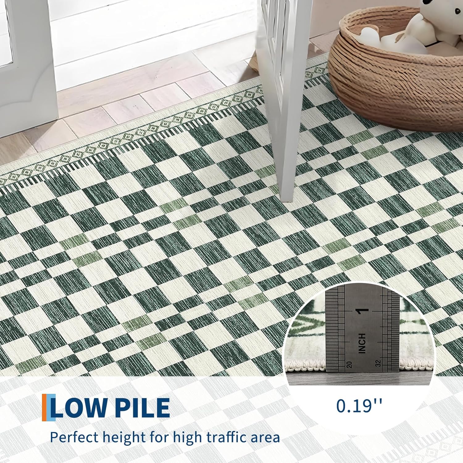 GarveeHome Machine Washable 2x6 Runner Rug for Hallway Modern Abstract Checkered Carpet Non-Slip Low Pile Stain-Resistant High-Traffic Easy-Clean Entryway Area Rugs for Kitchen Bathroom Green - Image 6