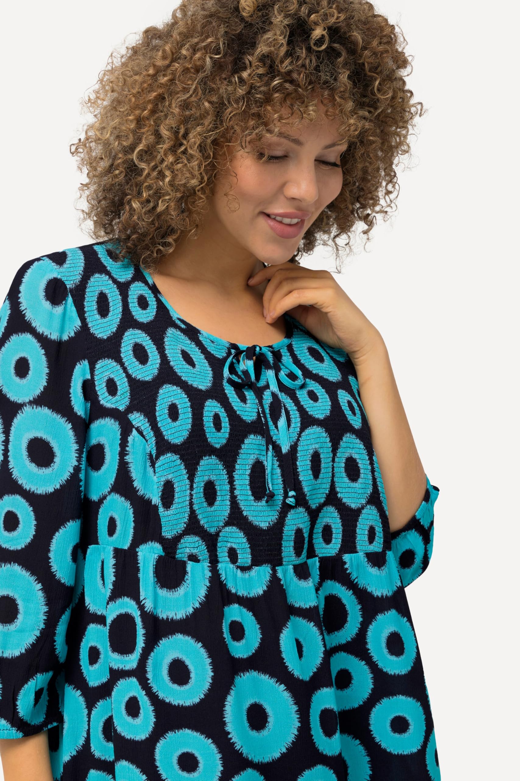 Ulla Popken Damen große Größen Übergrößen Plus Size Smokbluse, Kreise, A-Linie, Rundhals, 3/4-Arm 829086