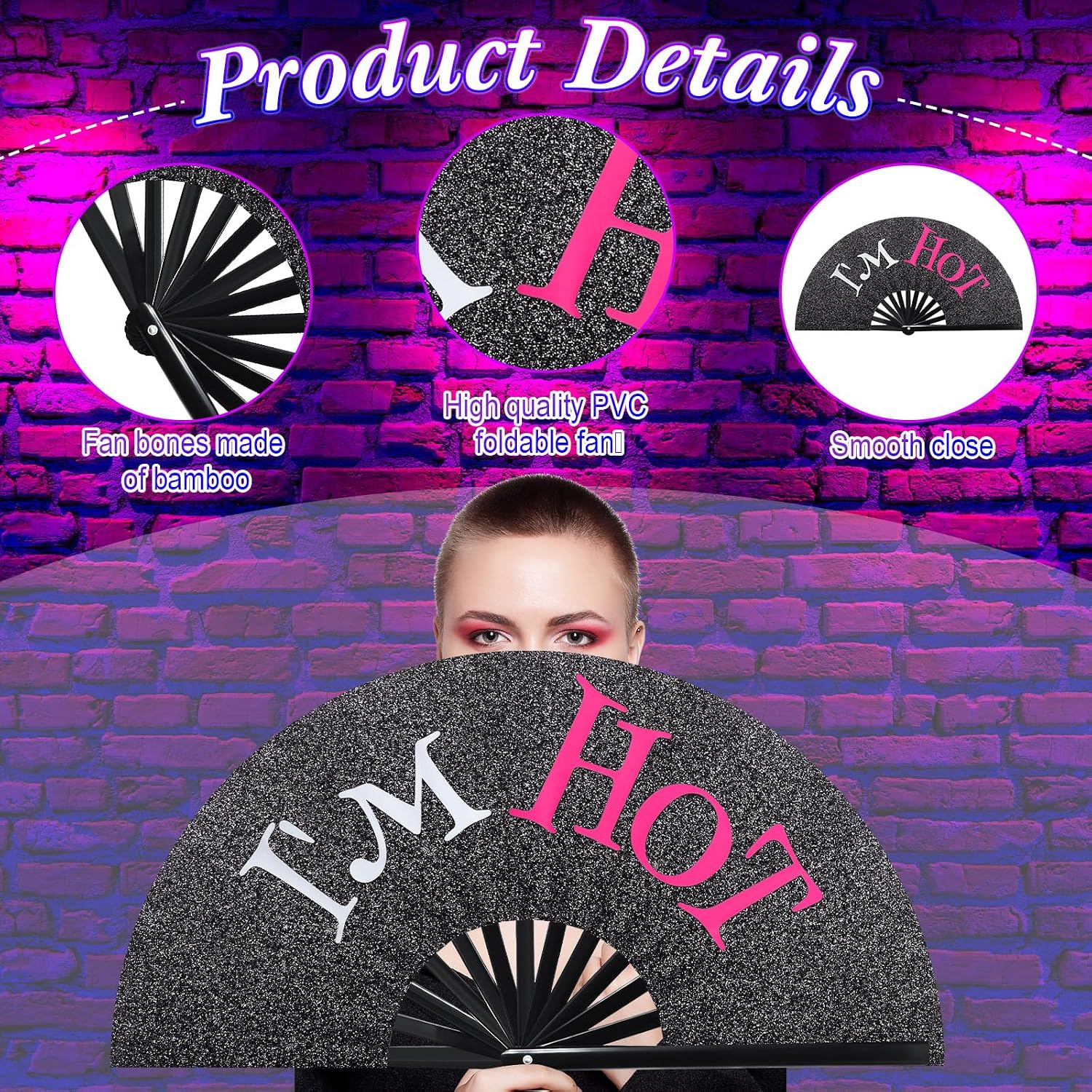 Vercraft 13" Folding Hand Fan Glitter Clack Rave Dancing,Black,I'm Hot image 3