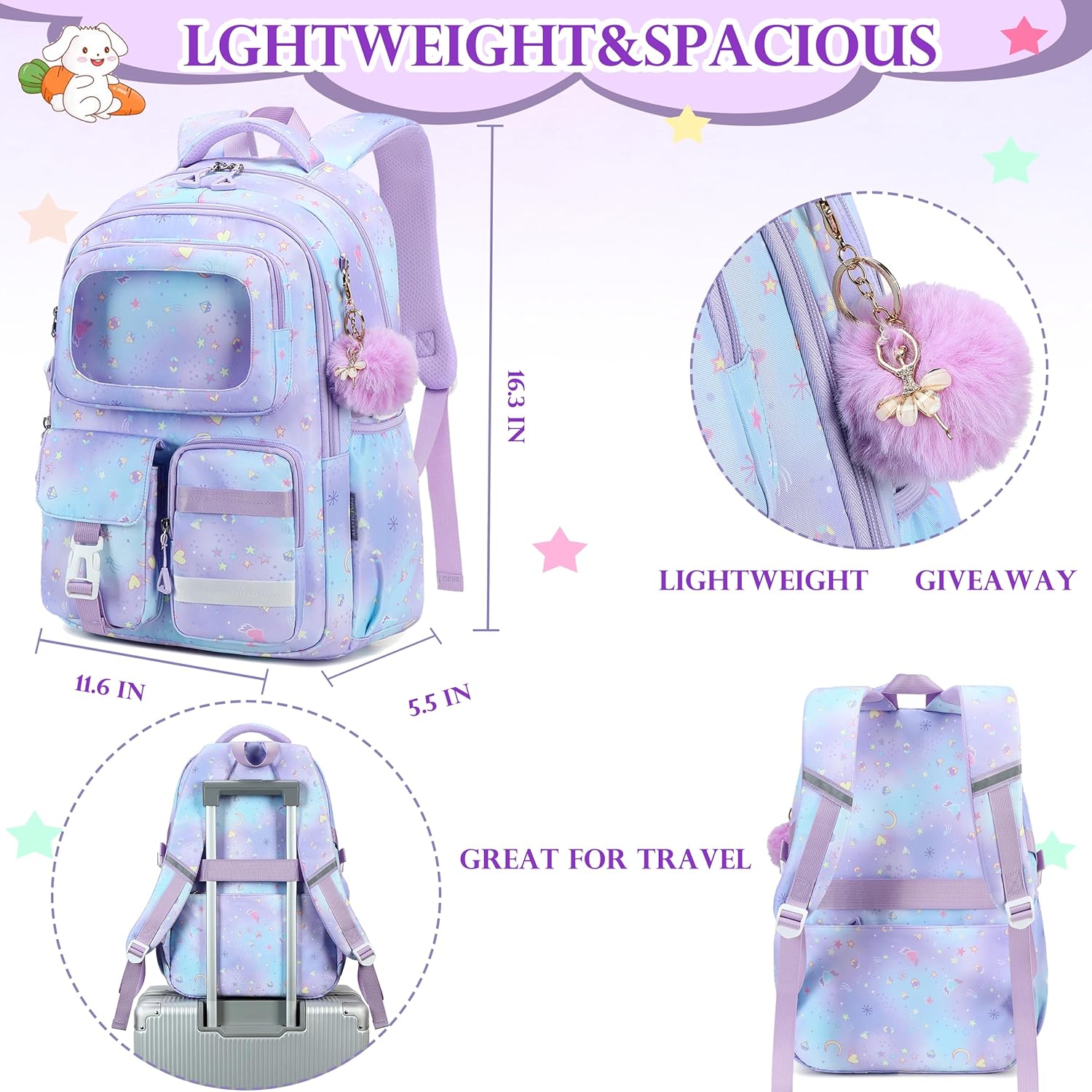 AO ALI VICTORY Backpack for Girls Kids School Bags for Kindergarten Elementary Schoolbag Students Backpacks Cute 15.6 inch Laptop Bookbag Teens Girl Back Pack Travel Daypack, Purple