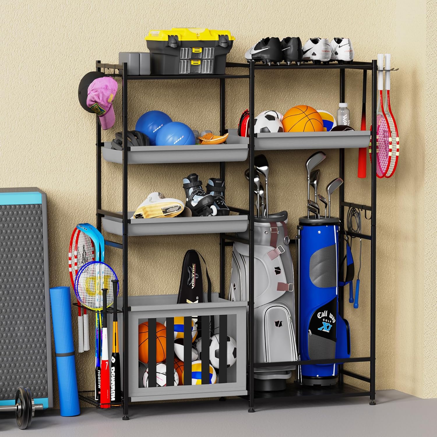 Black 61x15.8x66 Garage Sports Equipment Organizer, Large Sports Storage Rack Fits 2 Golf Bags and Other Sports Equipment, Sports Ball Gear Storage Stand with Oxford Baskets and Hooks for Indoor, , Black
