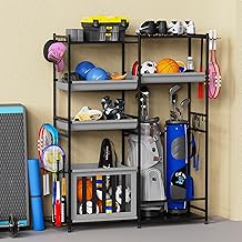 Garage Sports Equipment Organizer, Heavy Duty Ball Storage Rack with Baskets & Hooks, Golf Bag Stand for 2 Bags, Outdoor & Indoor Sports Organizer for Kids Toys,Basketball,Football,Gym & Fitness Gear