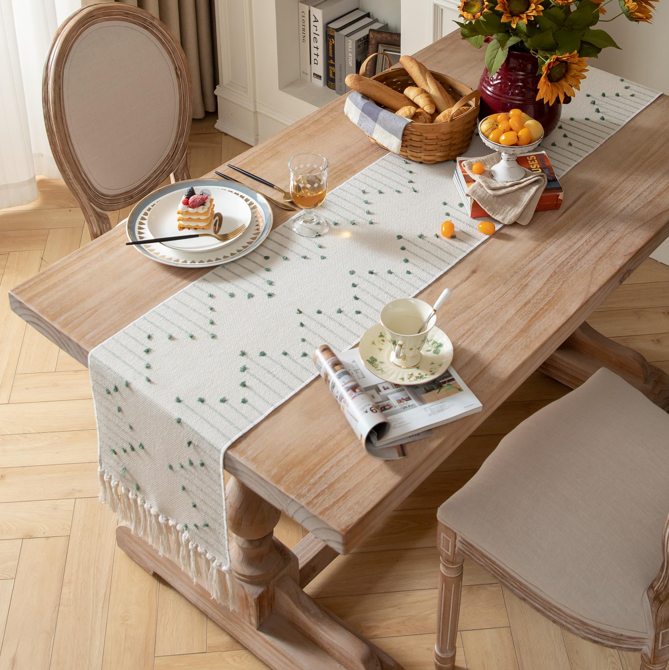 Green Beige Cotton Table Runner - Rustic Boho Style -4