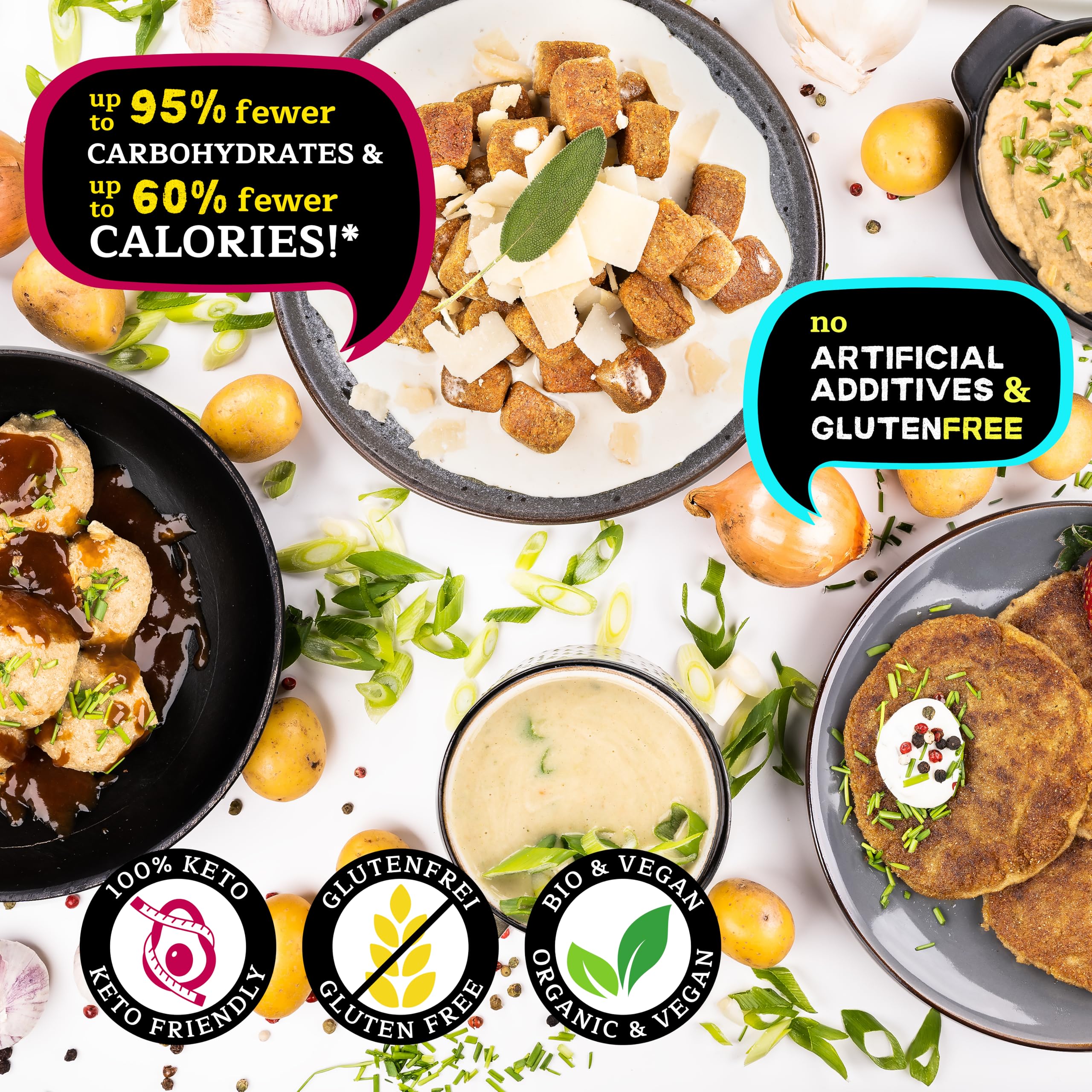 LOW CARB produits à base de pommes de terre | 95% de glucides en moins = KETO | 60% de calories en moins | riche en protéines et en fibres | biologique