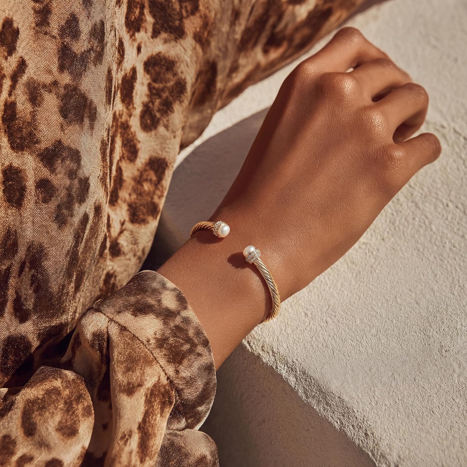 Fettero Gold Cuff Bangle Bracelets for Women - 14K Gold Plated Adjustable Open Cuff Friendship Bracelets Elegant Twisted Cable Bangle Bracelet Lightweight Pearl Bracelet for Dainty Jewelry - Image 2