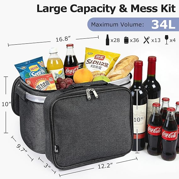 Tirrinia Insulated Picnic Basket 34L, Collapsible Cooler Basket with Cutlery Bag, Leakproof & Water Resistent Large Picnic Bag for Beach, Camping, Travel, Shopping