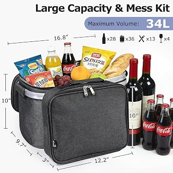 Tirrinia Insulated Picnic Basket 34L, Collapsible Cooler Basket with Cutlery Bag, Leakproof & Water Resistent Large Picnic Bag for Beach, Camping, Travel, Shopping