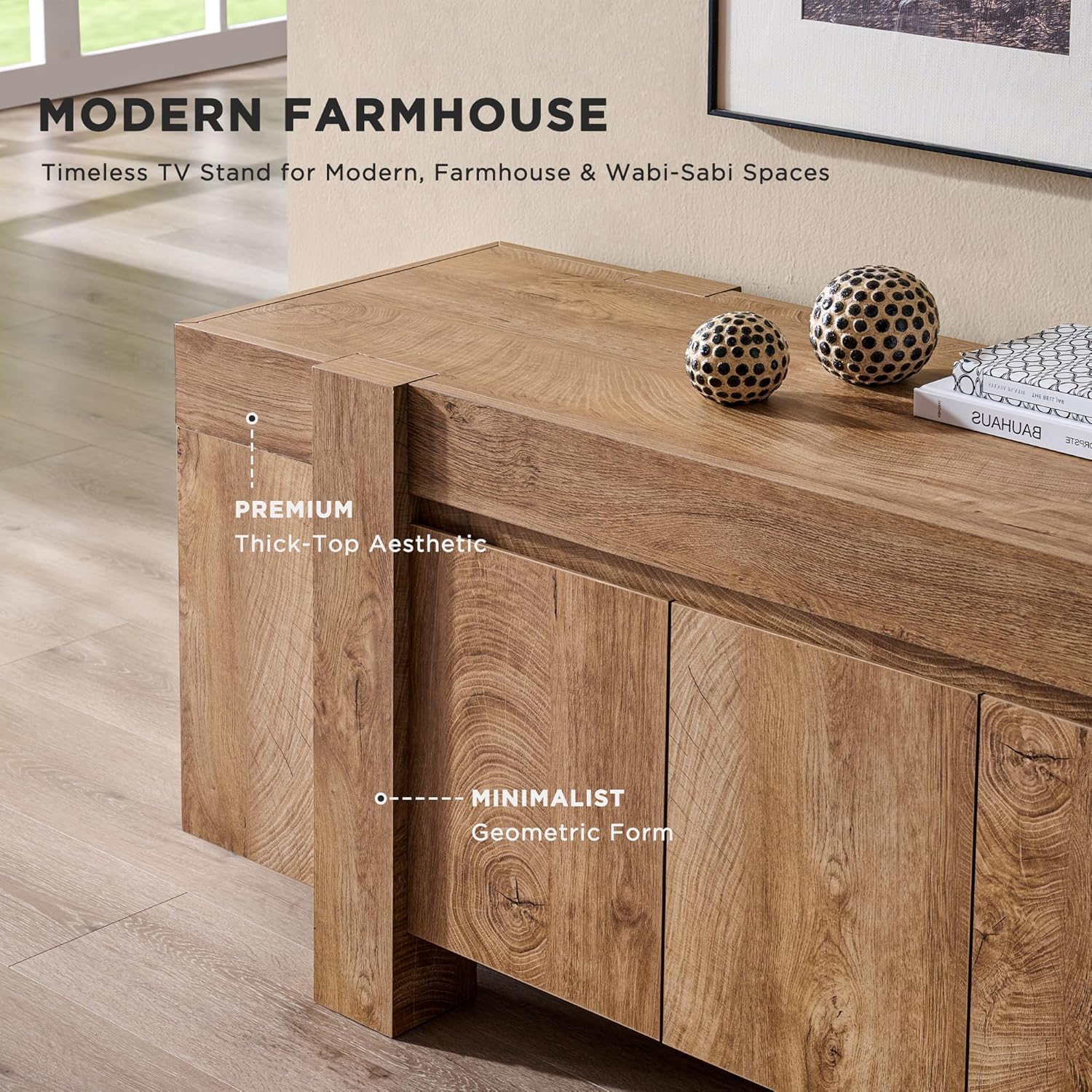 OKD Modern Farmhouse TV Stand, 70" Long Media Console Table with Storage Cabinet, Wooden Entertainment Center for Living Room, Light Knotty
