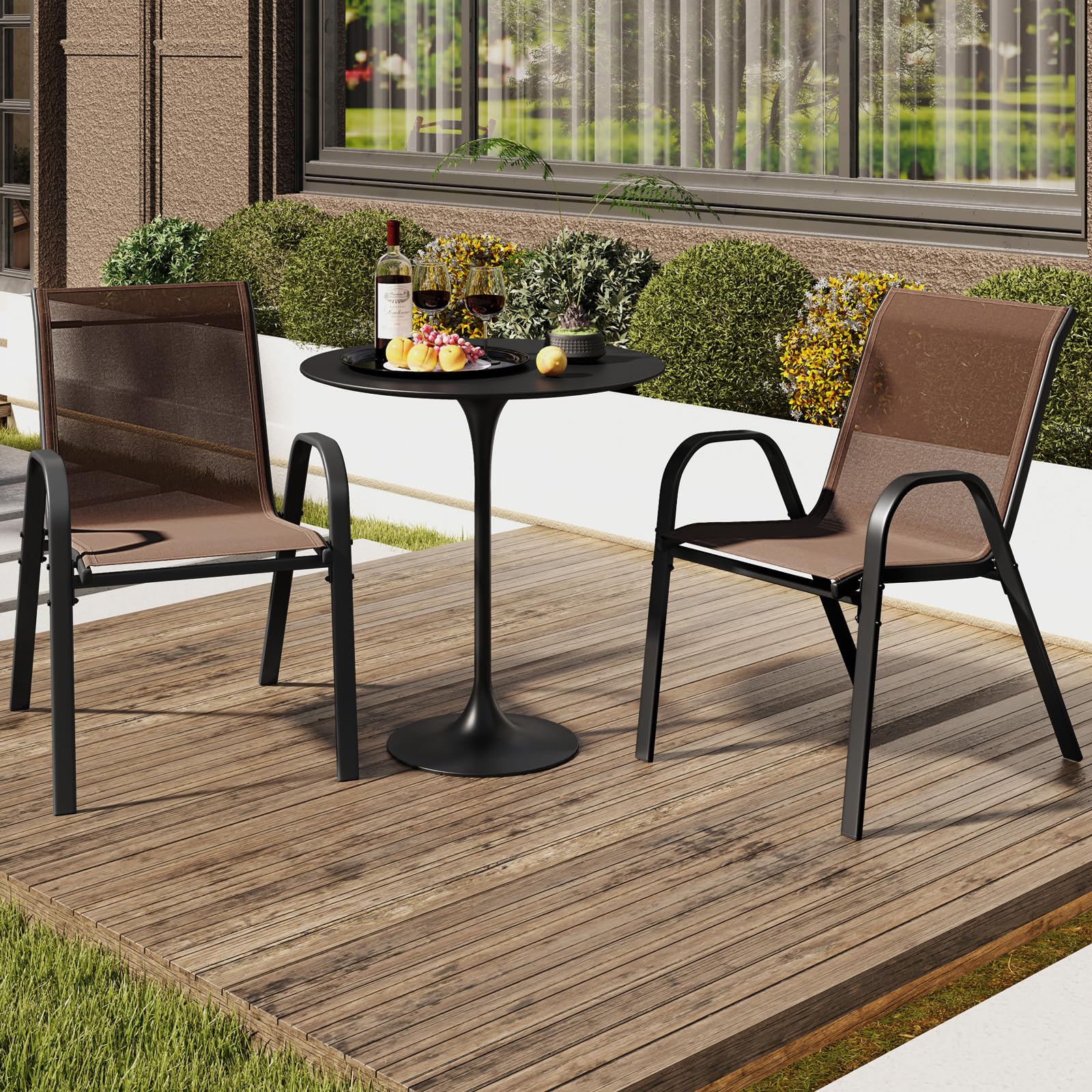 GIANTEX Juego de 2/4 Sillas de Patio, Sillas de Comedor Apilables con Estructura de Metal Resistente y Tela Transpirable, Respaldo y Reposabrazos Ergonómicas, para Terraza, Piscina, Jardín (2, Marrón)