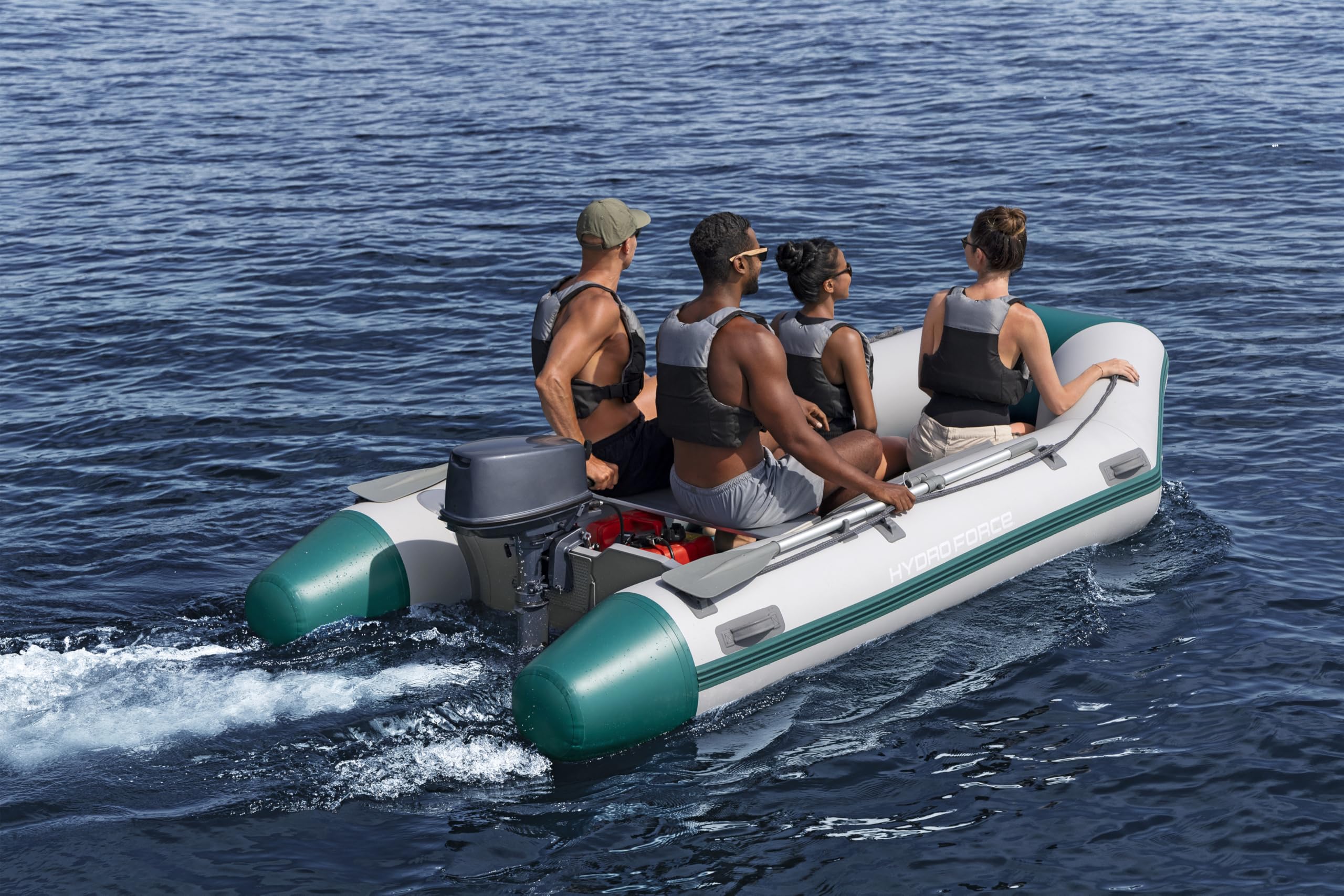 Bestway Hydro Force Sportboot Mirovia Pro, 330 x 162 x 44 cm, für 5 Personen, bis 640 kg, TriTech-Material, FortiFiber-Boden, Motorhalterung (bis 15 PS), TÜV Zertifiziert, inkl. Ruder, Pumpe, Tasche