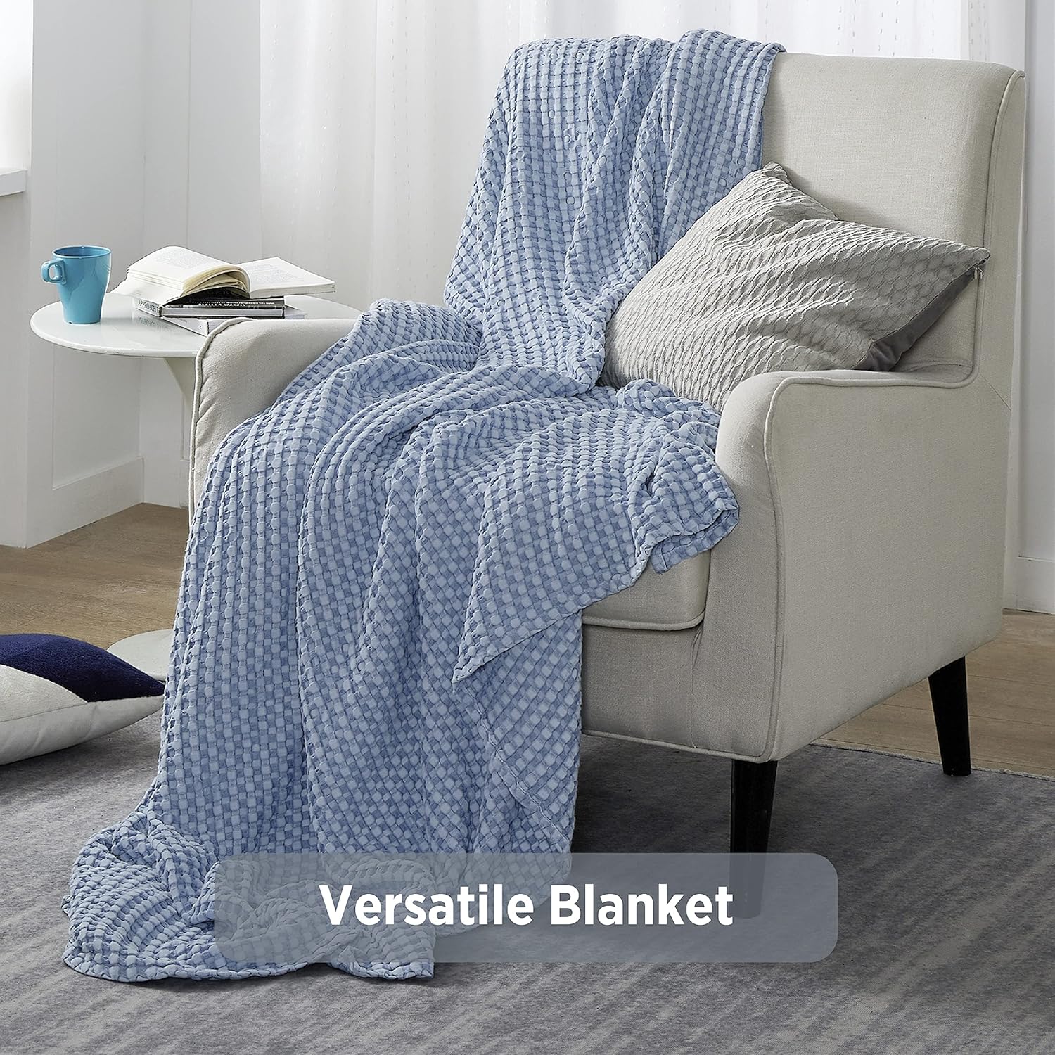 Bedsure Waffle Bamboo Blanket Cotton - Waffle Weave Throw Blanket for Couch Sofa, Soft Decorative Lightweight Blanket for All Seasons(50x60 inches, Blue) : Home & Kitchen