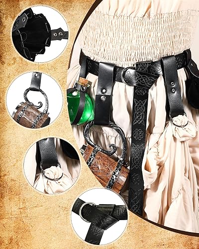 Vista 15 de Sweetude Cinturón renacentista medieval vikingo poción botellas de cuero cinturón bolsa falda senderismo 6 piezas