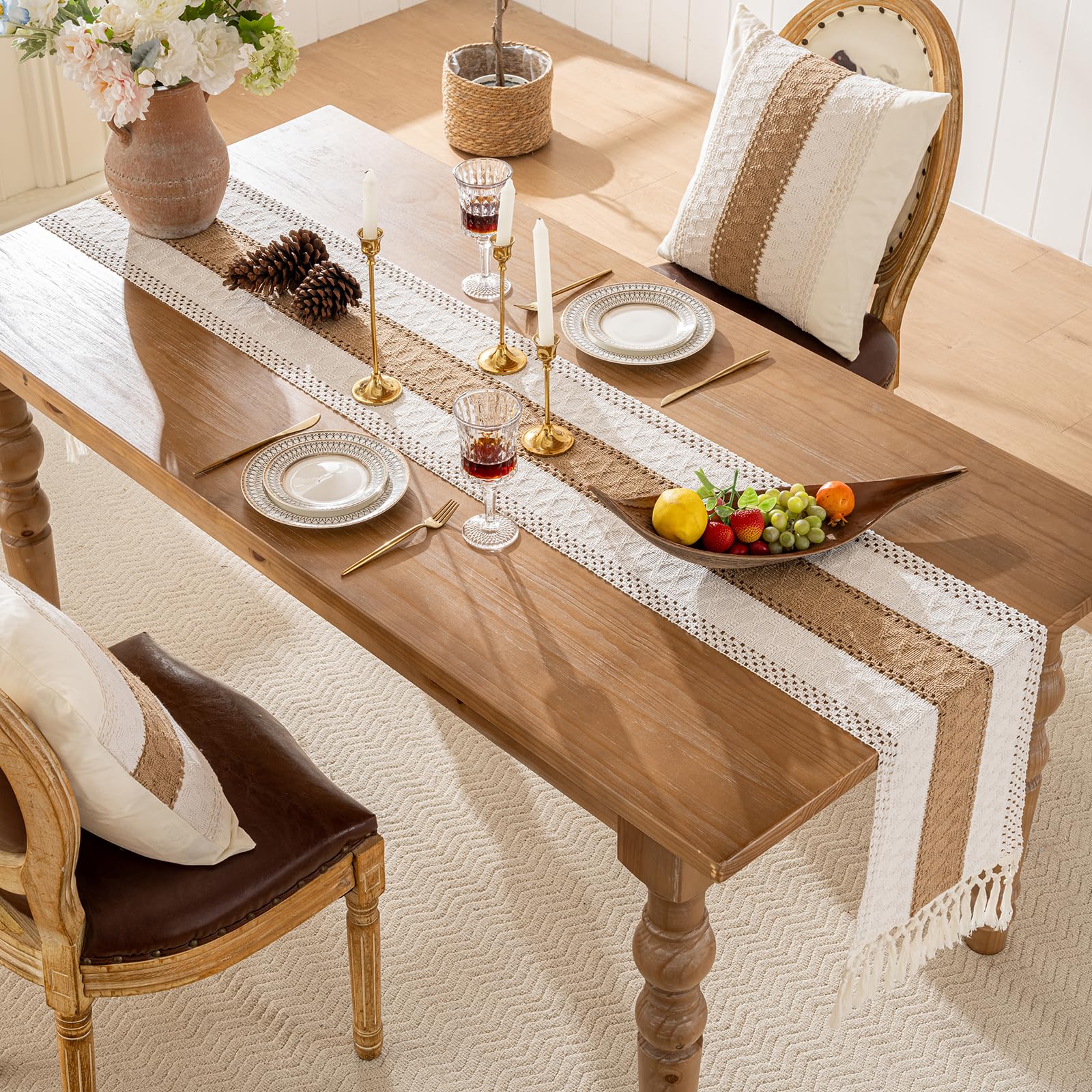 Wracra Runner tavola in Lino di Cotone Stile Agriturismo Runner da tavola Beige 230cm con Nappe a Mano per Feste, per la Sala da Pranzo, Decorazioni per la tavola da Dessert (Beige