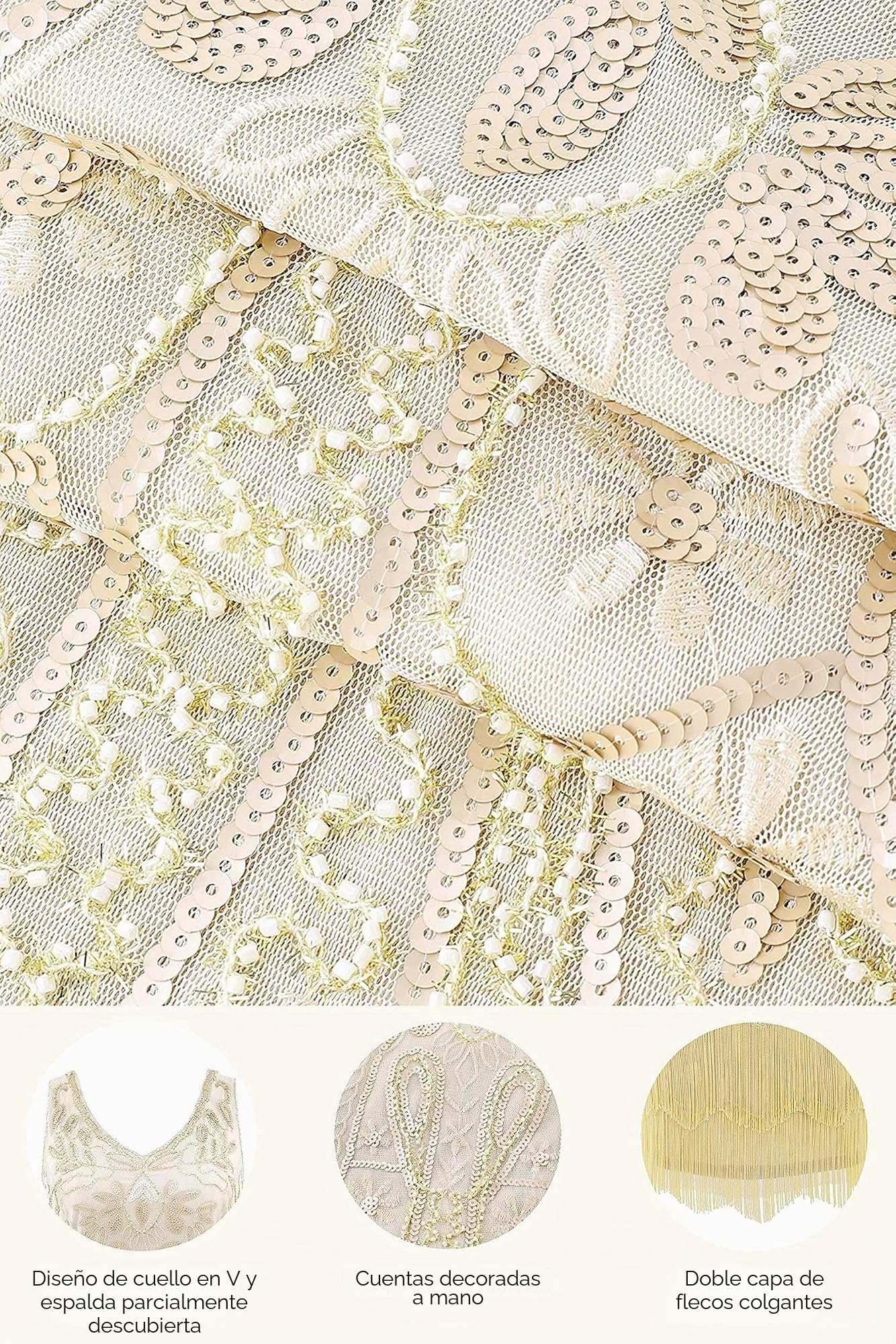 BABEYOND Vestido Retro de los años 20 para Mujer, con Dos Capas, Cuello en V, Gran Disfraz de Gatsby, Set - Beige