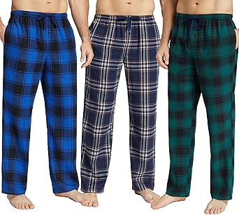 JupiterSecret Mens Pajama Pants Set Flannel Cotton Sleep & Lounge Pants 3 Pack, PJ Bottoms with Pockets and Button Fly