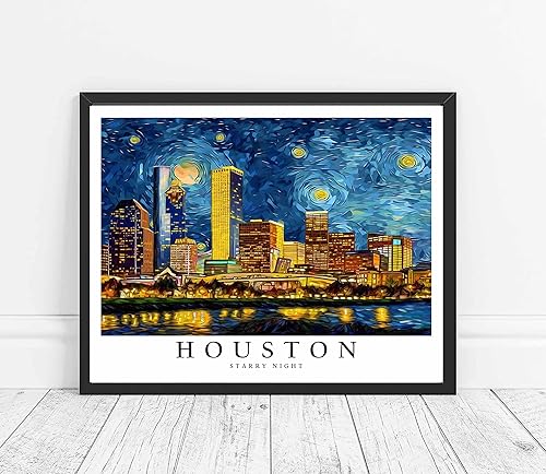 Miniatura 1 de Póster de impresión artística de Houston, decoración de pintura de pared con temática de noche estrellada de Houston, arte de Texas para dormitorio,