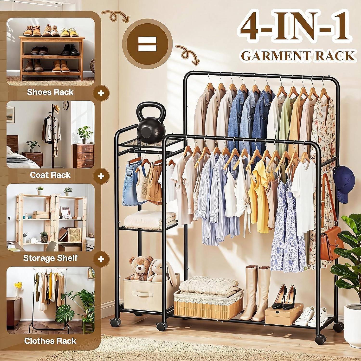 Heavy Duty Clothes Rack with Wheels, Double Rod Clothing Rack with Storage Shelves & Hooks, Rolling Garment Rack Portable Closet Organizer for Bedroom, Laundry Room, Apartment