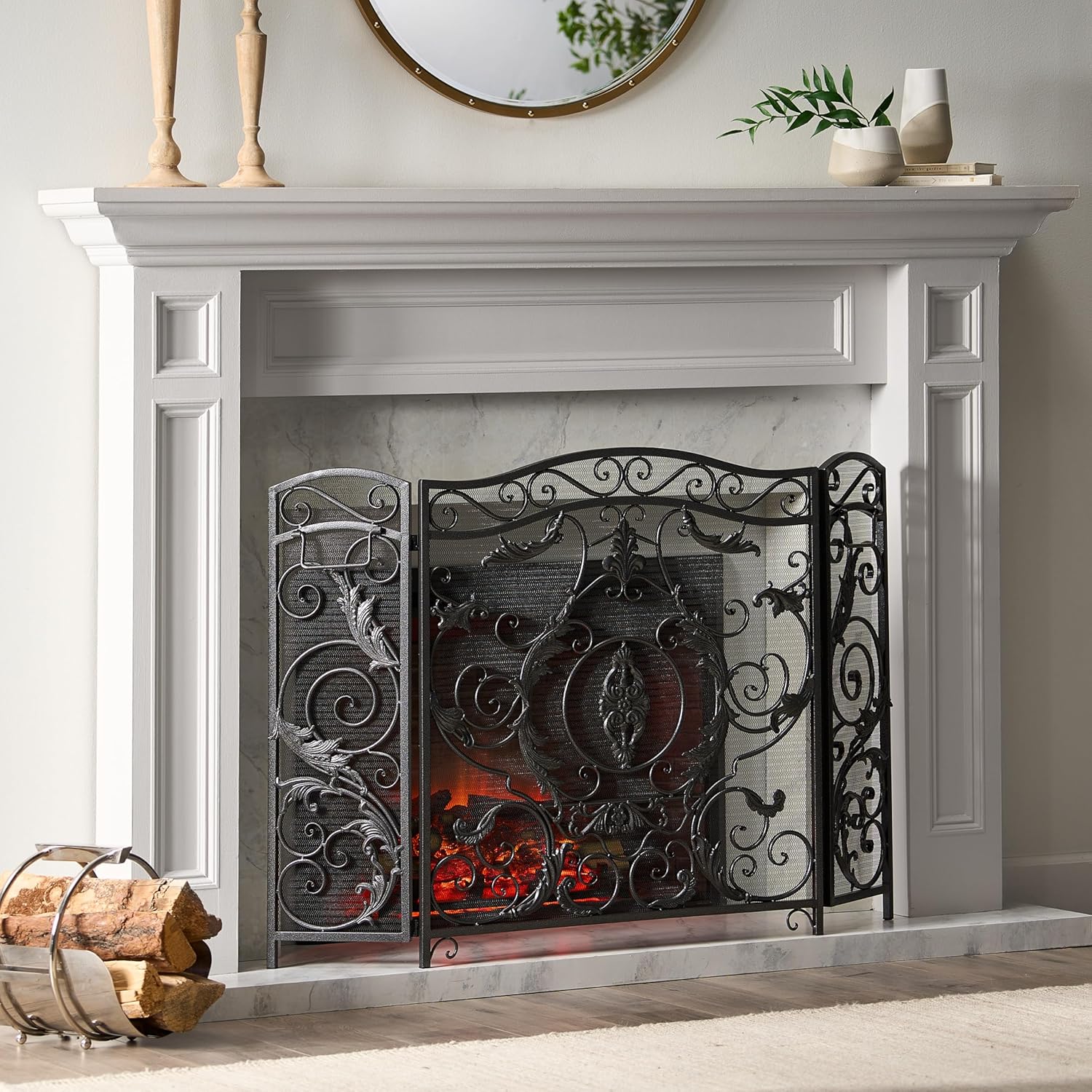 ESPIDOO Fireplace Screen Traditional Iron Folding: Wrought Iron Fire Screen with Ornate Floral Design - Three Panel Fireplace Guard for Historical Building Restoration & Antique Home Protection