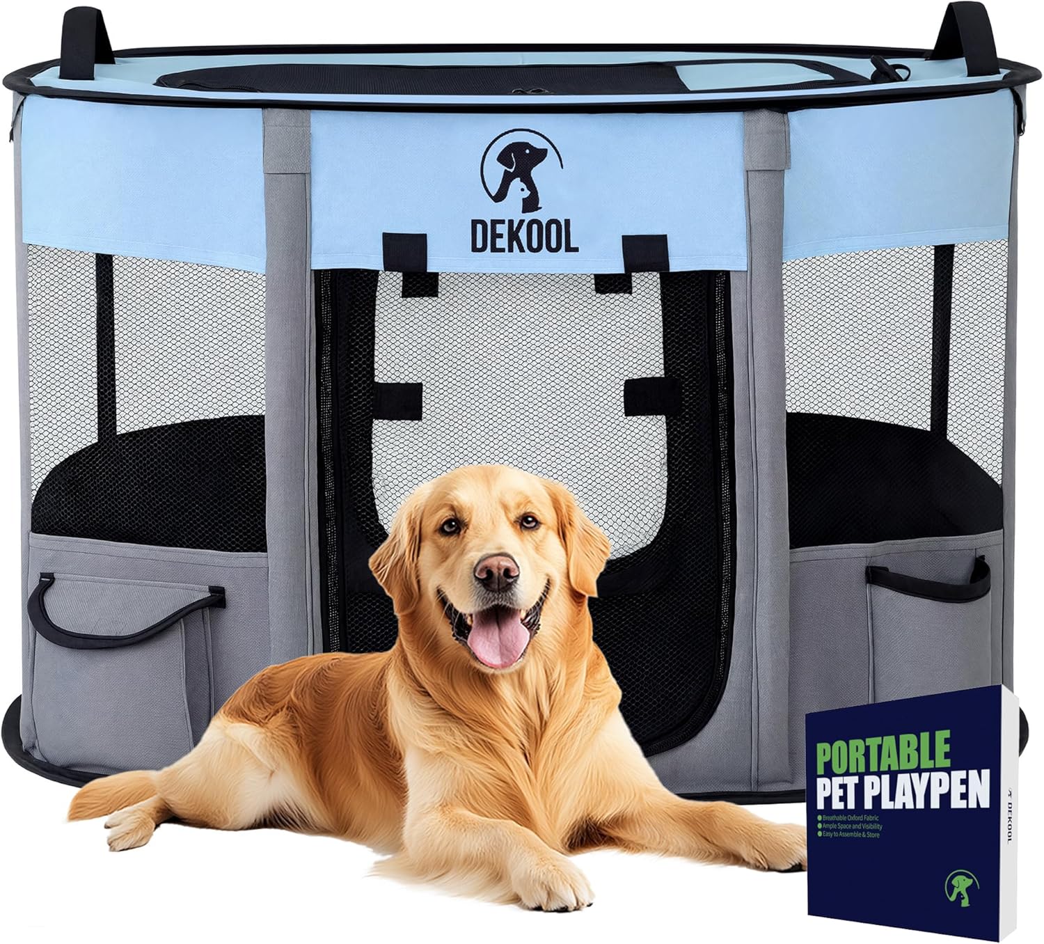 foldable pet dog playpen, portable dog crate for puppies, puppy play pen for indoors, kennel crate for outdoor travel camping use with carrying case (blue, l) blue large(44"x34"x23")