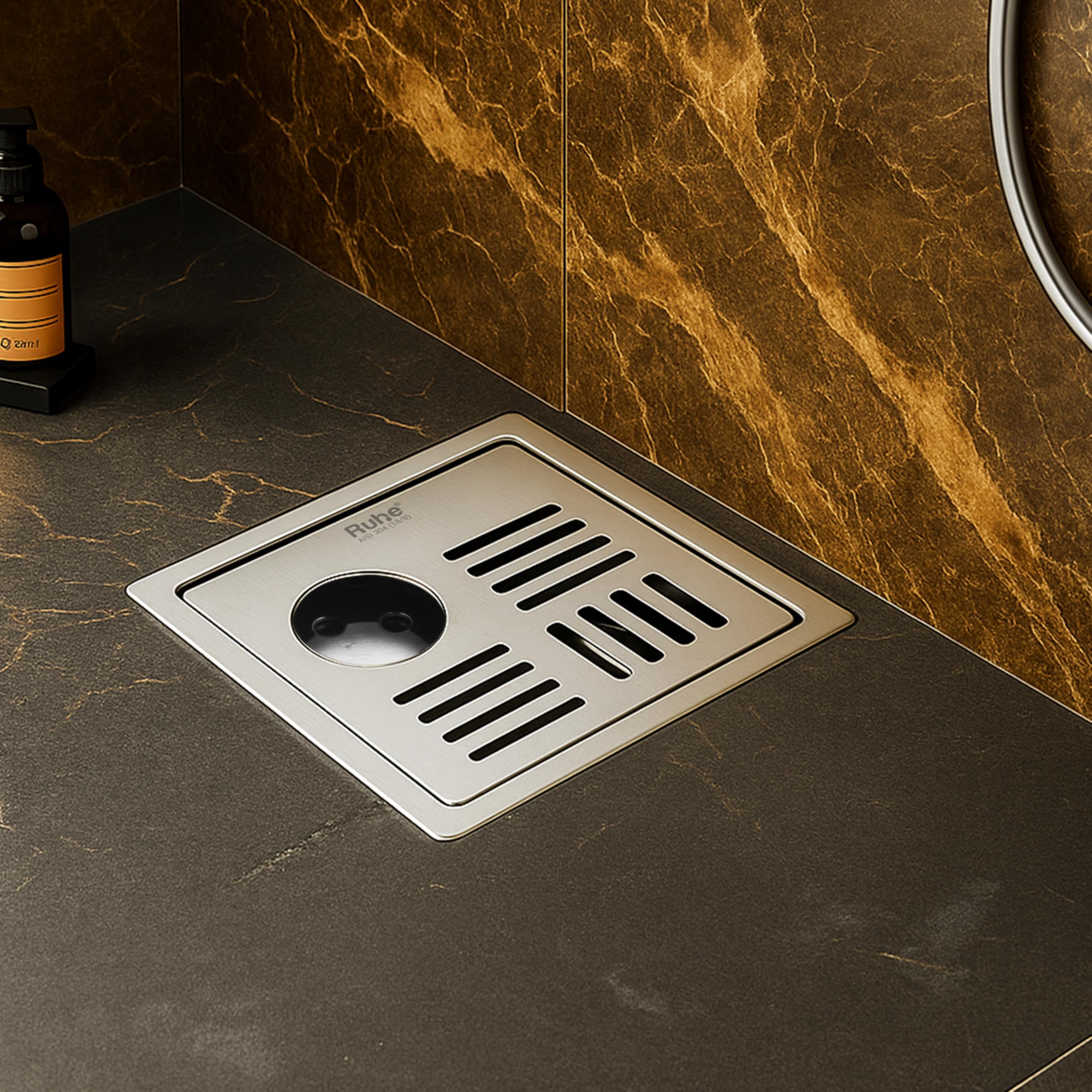 Ruhe® Ruby Exclusive Square Flat Cut Floor Drain | 304-Grade Stainless Steel Drain Jali | 6 x 6 inches | Floor Drainer with Cockroach Trap/Jali & Hole