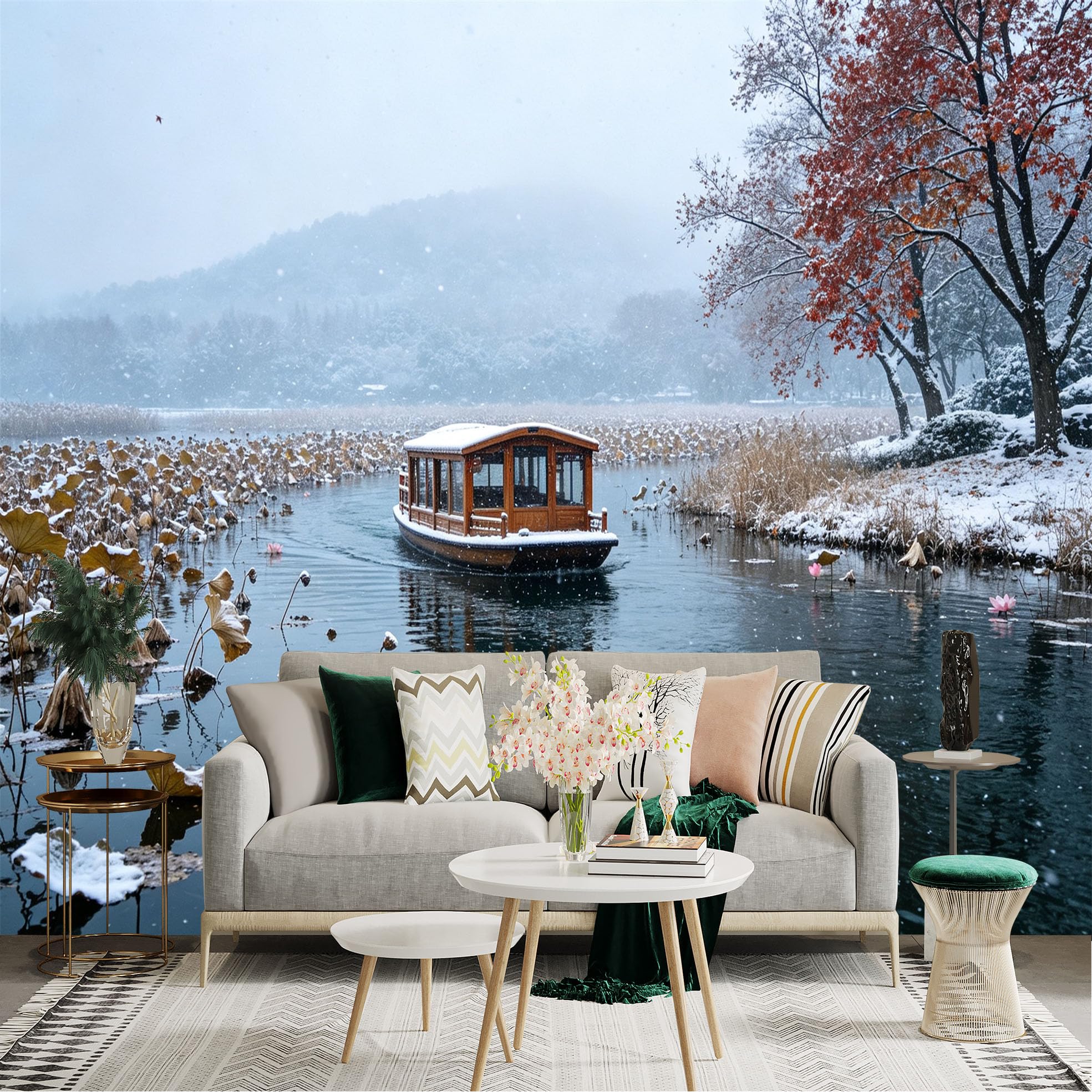 Custom Size Wall Sticker Mural， Wooden Boat on Snowy Lake， Winter Zen Landscape with Lotus， for wall Decoration， peelandstick wall Decals.