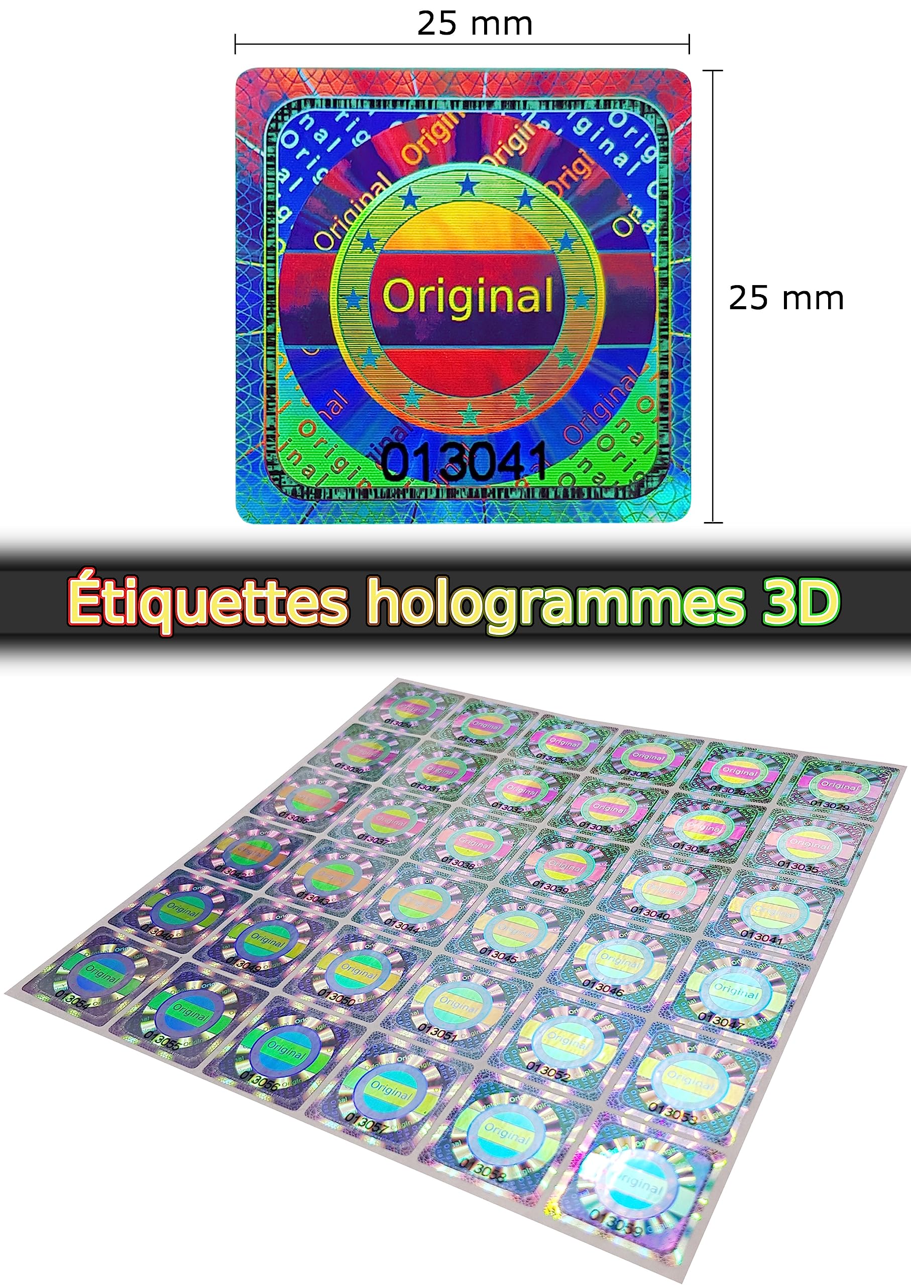 500 pcs - Hologramme 3D de sécurité, sceau original avec numéro de série | 25mm argent brillant - Sceaux de sécurité, sceau de qualité, sceau de garantie, étiquettes de sécurité, sceau de fermeture
