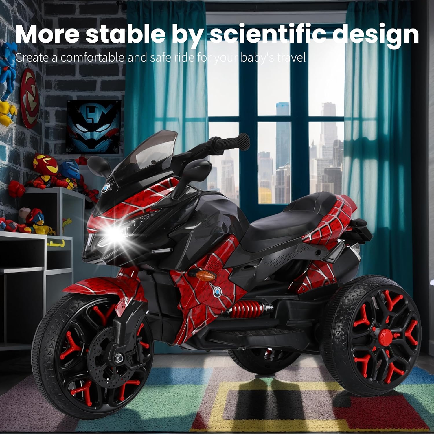 Kids Electric Ride-On Motorcycle, 3-Wheel Toy with LED Lights and Training Wheels, 12V Rechargeable Battery, 66LB Capacity, Ages 3-5