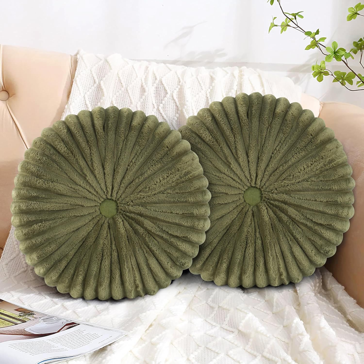 HIG Decorative Round Throw Pillows for Bed Couch - Set of 2 Handcraft Ruched Pumpkin Pillow, Soft and Durable Velvet Floor Pillow for Home Decor, Bed Living Room and Sofa (Olive,14"x14")(N60033)