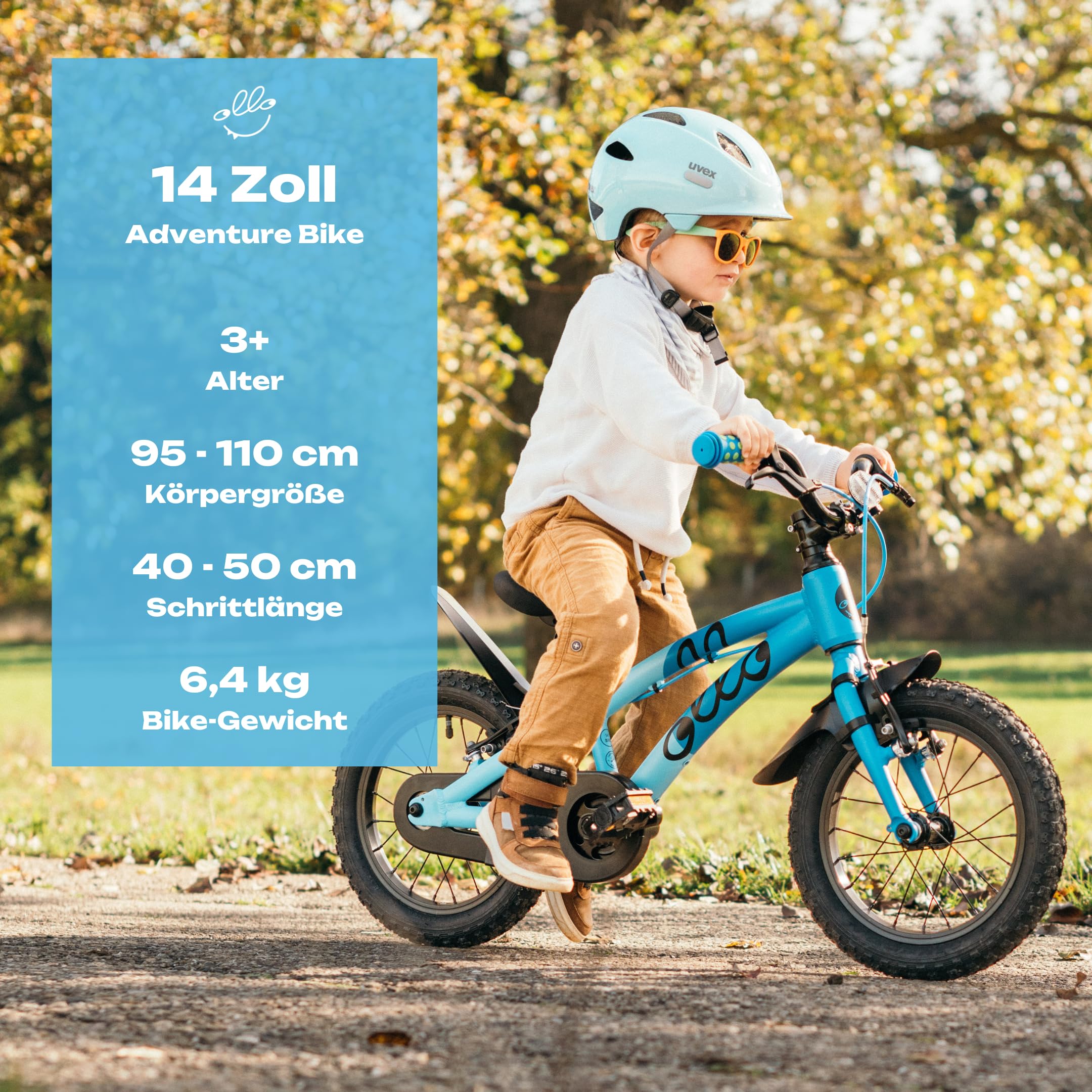 Ollo Adventure Bike 14 Zoll Kinderfahrrad ab 3 Jahre - leichtes Fahrrad für Kinder 95-110 cm - Aluminiumrahmen, kindgerechter Sattel, Bremsen, Schutzbleche, Ständer & Gym Bag