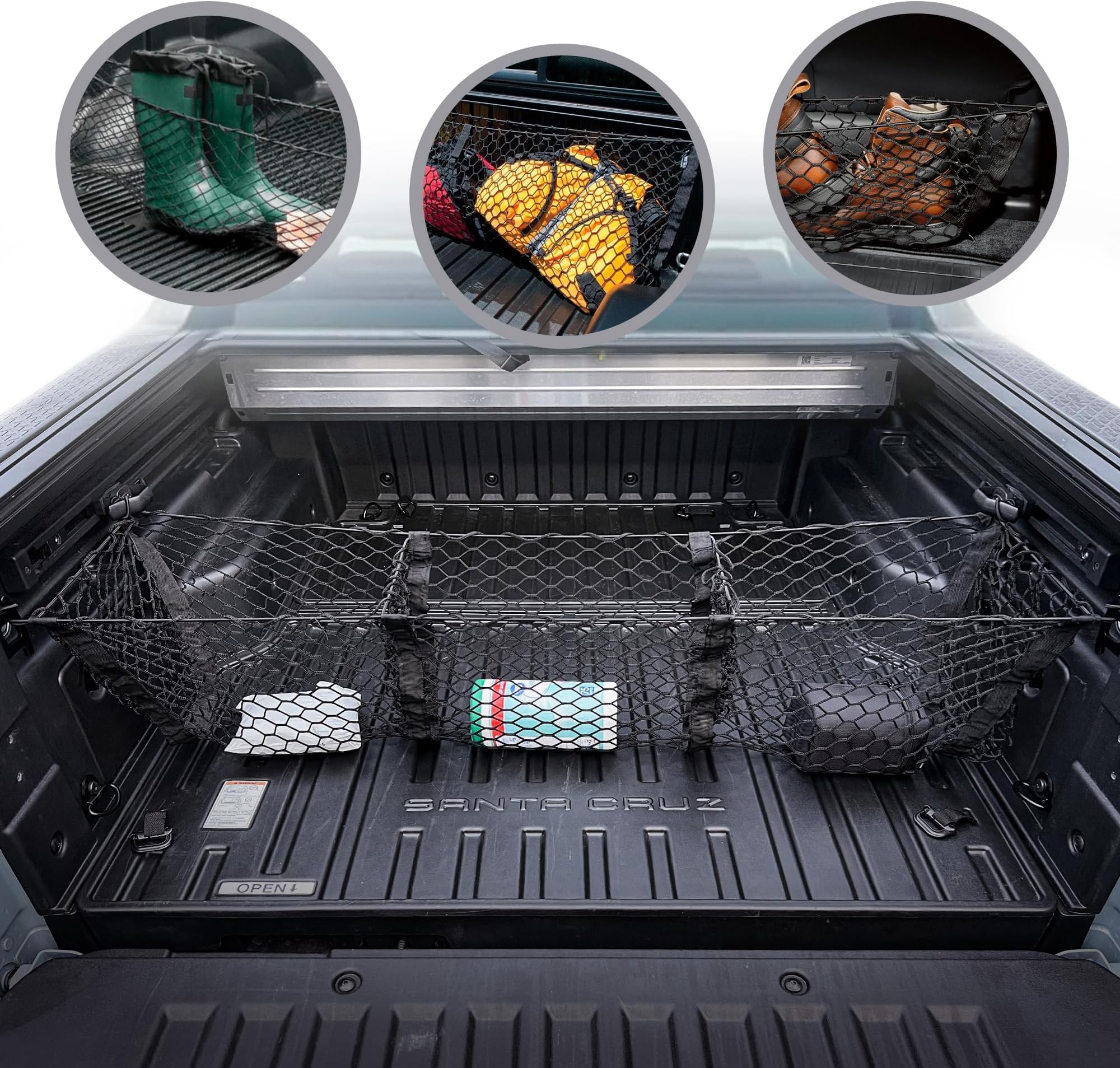 3 Pocket Style Elastic Trunk Cargo Net for Hyundai Santa Cruz 2022-2025 - Premium Trunk Organizers & Storage - Cargo Net for Pickup Truck Bed - Truck Bed Divider - Car Organizer for Pickup