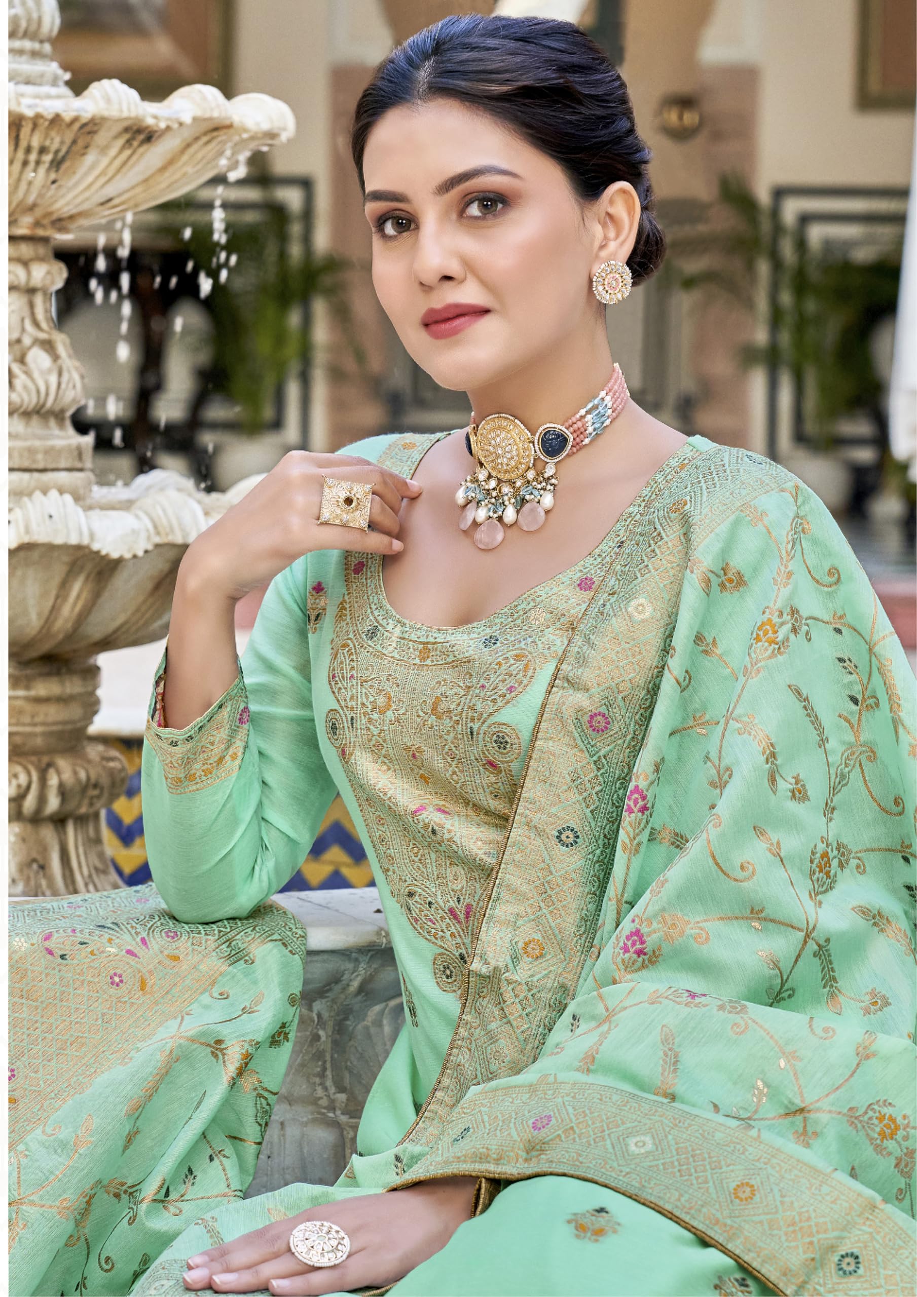 Mint Green Pure Cotton Ethnic Suit Set with Floral Embroidery and Designer Dupatta