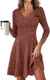 Vestido feminino de manga comprida com nervuras de tricô 2025 outono inverno gola V casual vestido suéter rodado