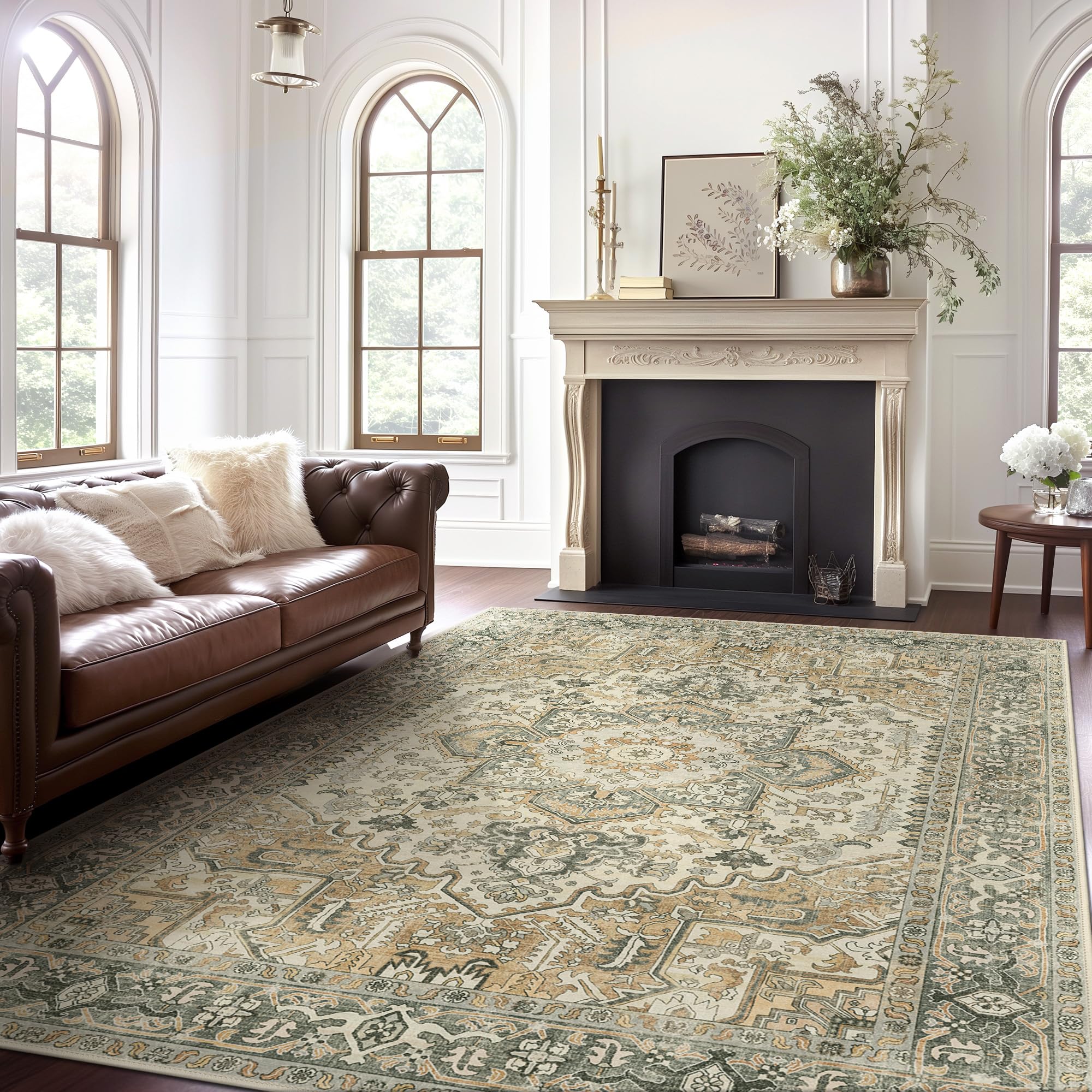 GENIMO Machine Washable 8x10 Area Rugs for Living Room, Non Slip Vintage Rugs, Low Pile Lightweight Chenille Print Rug for Bedroom, Dining Room, Home