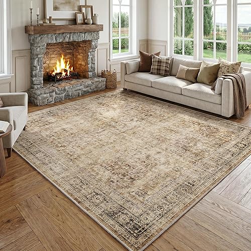FMFUNCTEX 8x10 Washable Area Rug Brown Neutral Vintage Distressed Oriental Large Non Slip Carpet for Living Room Bedroom Traditional Retro Soft Low Pile Indoor Rugs for Dining Room Office Nursery