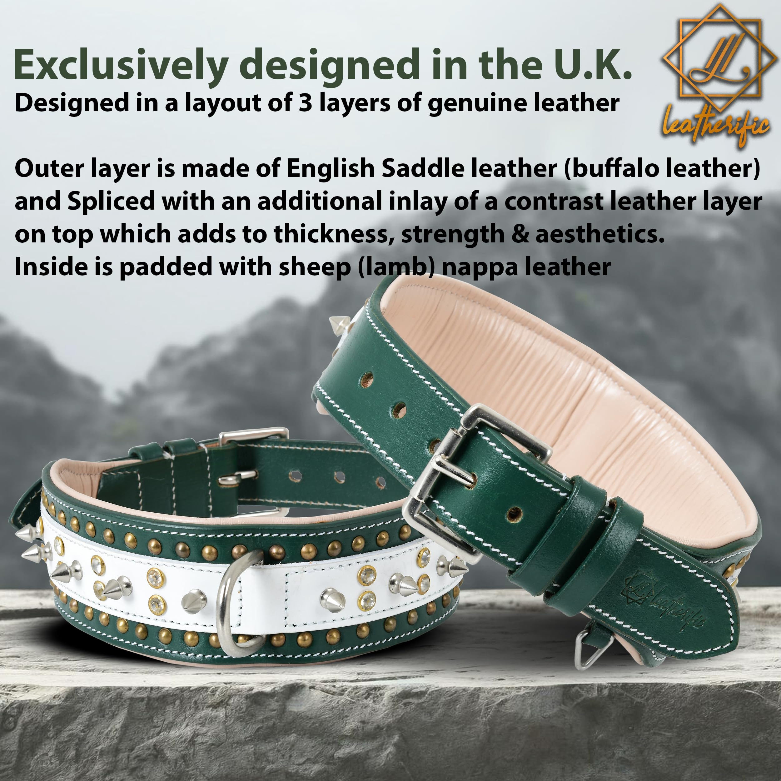 Leatherify - Collar de cuero genuino para perro, de alta calidad, resistente, acolchado, fuerte, con picos atornillados, razas medianas, grandes, extragrandes, 2 pulgadas de ancho (color verde bosque
