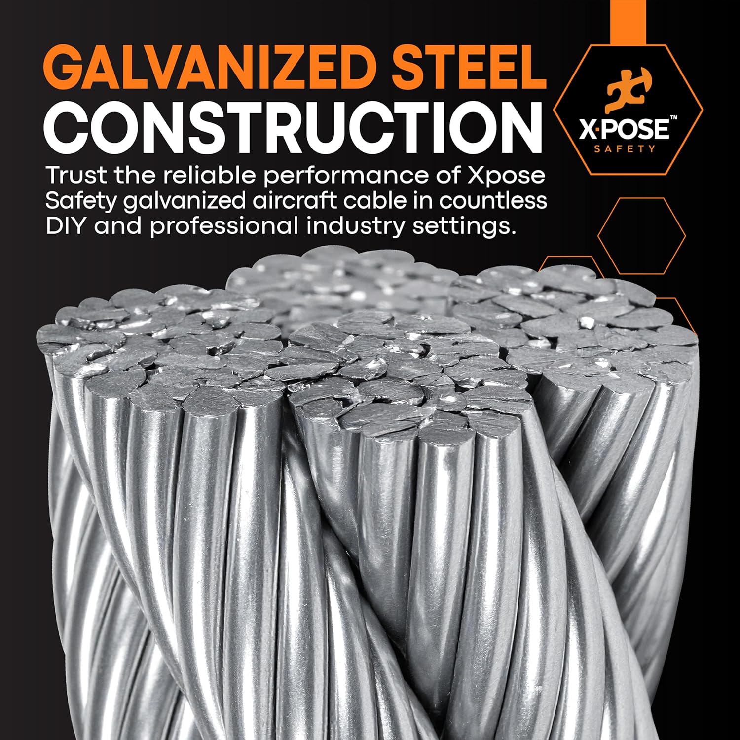 Xpose Safety 1/4" Galvanized Steel Aircraft Cable Wire – 250 ft Reel, 7x19 Strand, 7,000 lb Break Strength – for Pulley System, Winch, Marine, Deck Railing, Fencing, Zipline